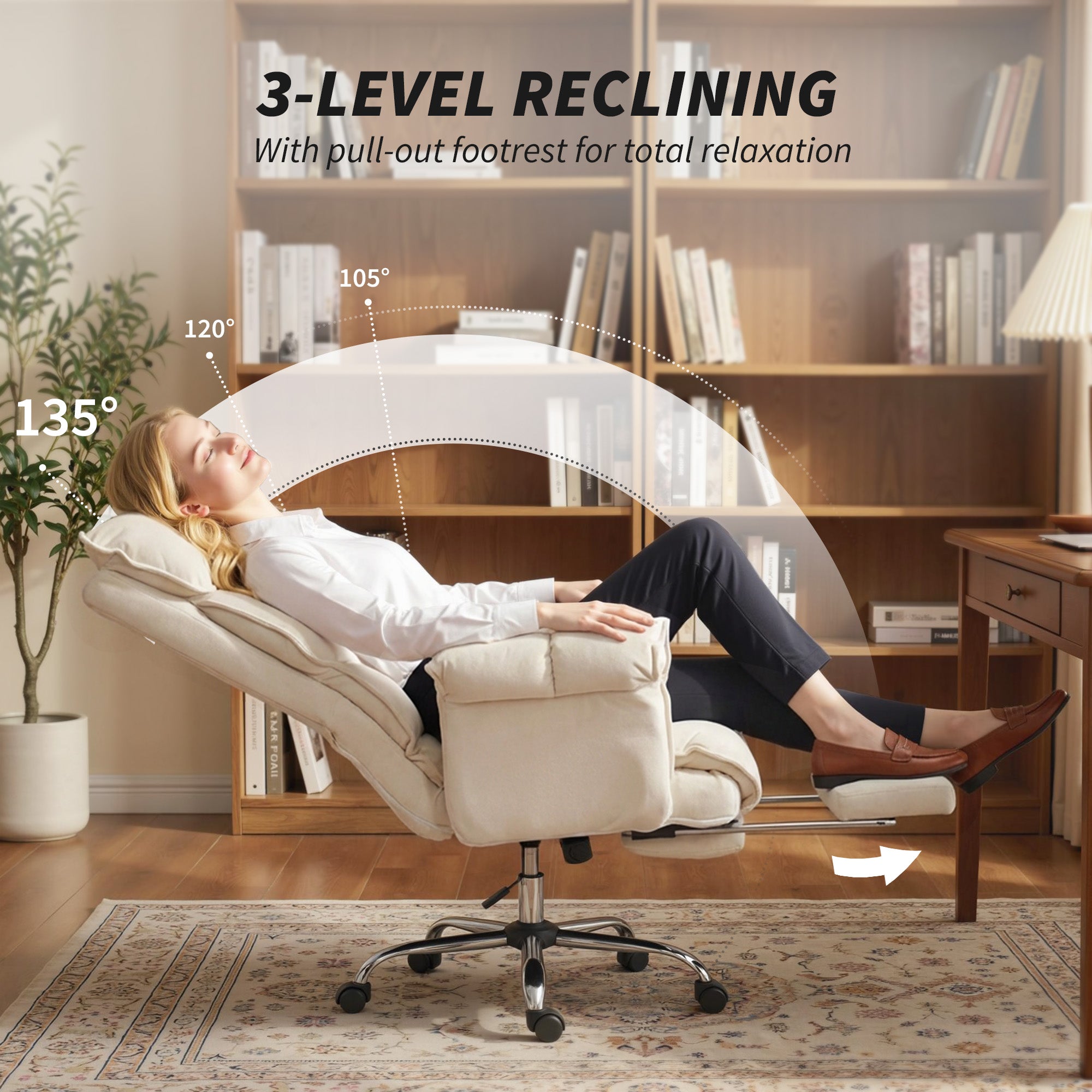 Swivel Office Chair with Lumbar Support, Armrests & Extendable Footrest — Snow-Flannel Padded, Height Adjustable, Cream