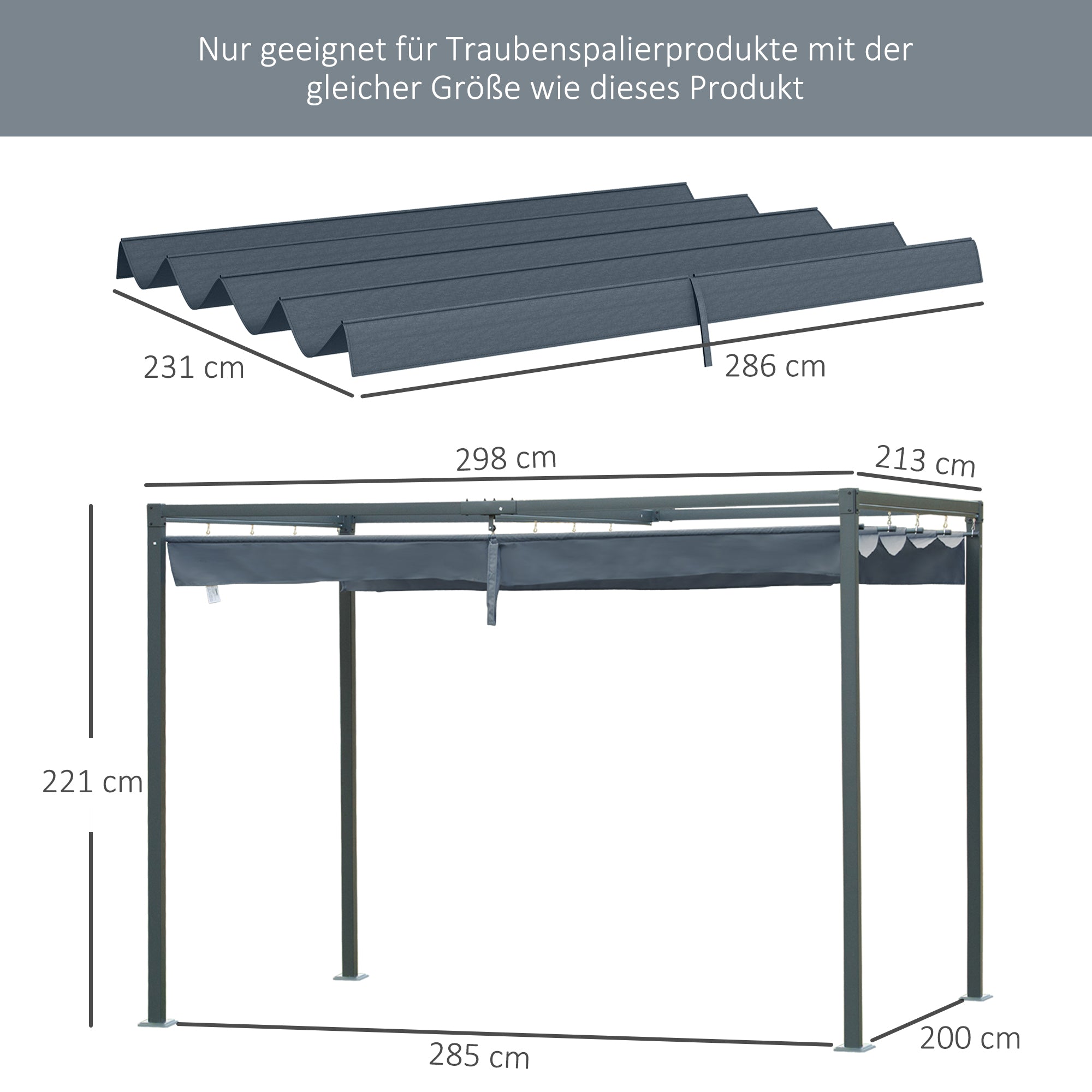 Replacement Canopy for 2.85 x 2 m Pergola, retractable wave canopy with rain drainage holes, UV protection 30+, winter resistant shade cover for garden, balcony, terrace, Dark Grey