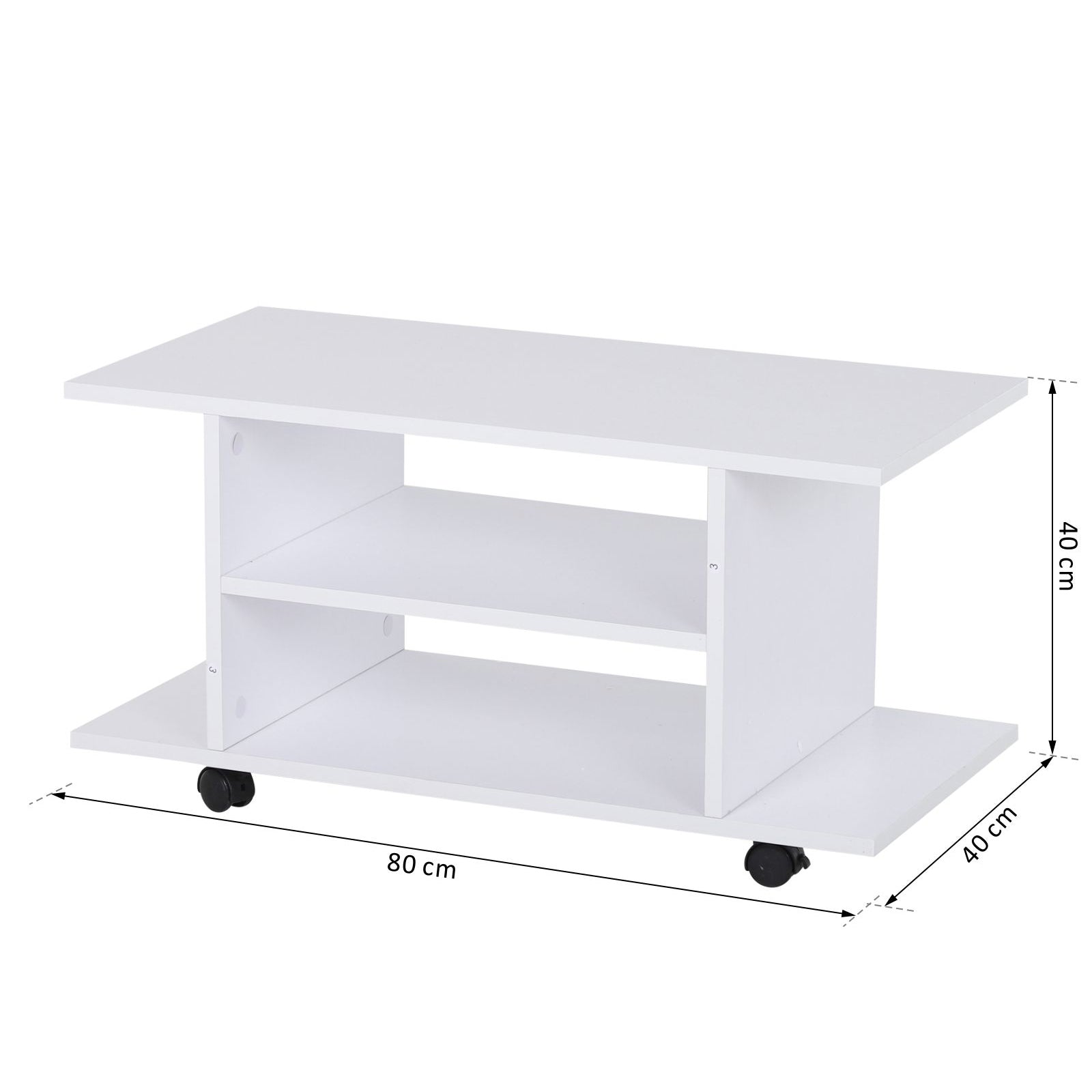 TV Stand with Swivel Wheels, Wooden TV Bench with Shelves, TV Stand for TVs up to 42 inches, Contemporary Style for Living Room, Bedroom, and Office, 80 x 40 x 40 cm, White