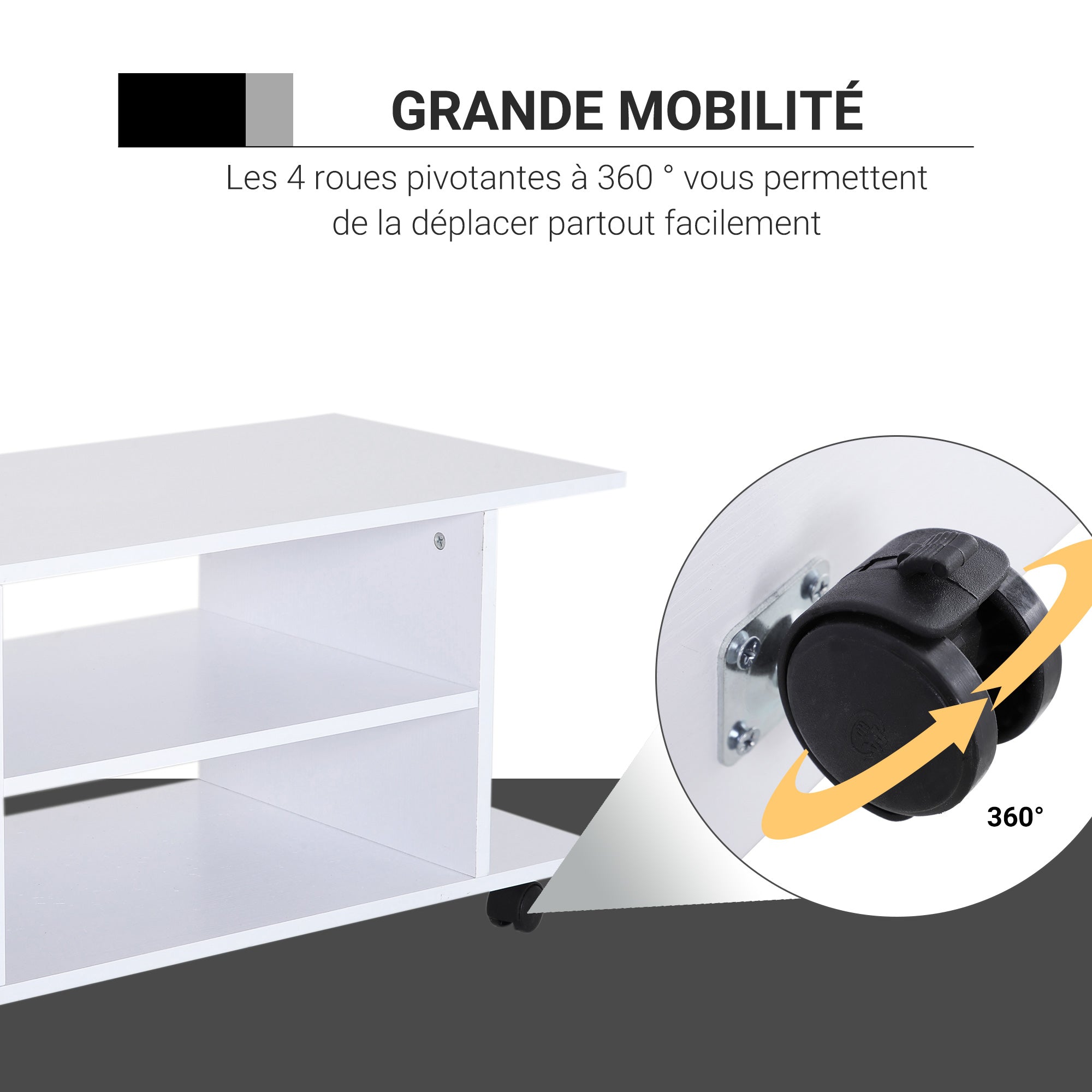 TV Stand with Swivel Wheels, Wooden TV Bench with Shelves, TV Stand for TVs up to 42 inches, Contemporary Style for Living Room, Bedroom, and Office, 80 x 40 x 40 cm, White