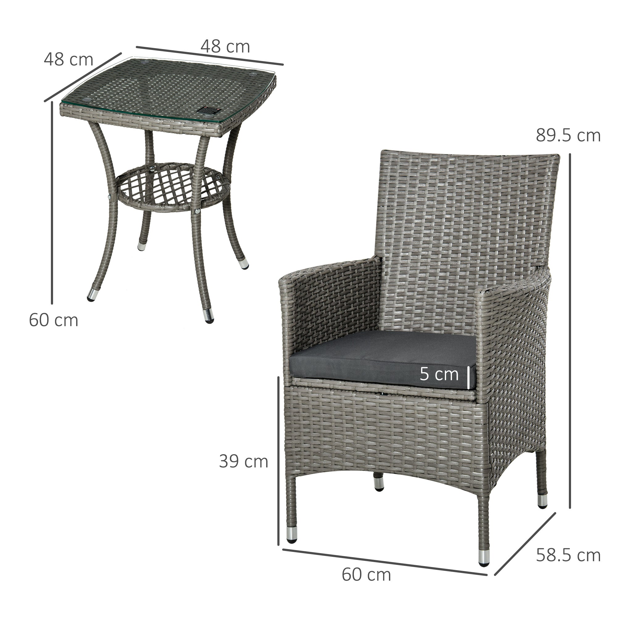 Poly Rattan Garden Furniture Set, Outdoor Lounge Balcony Furniture for 2 Persons, 3-Piece Seating Group, 2 Chairs, Table Seat Cushions, Garden Lounge for Garden, Terrace, Balcony, Gray