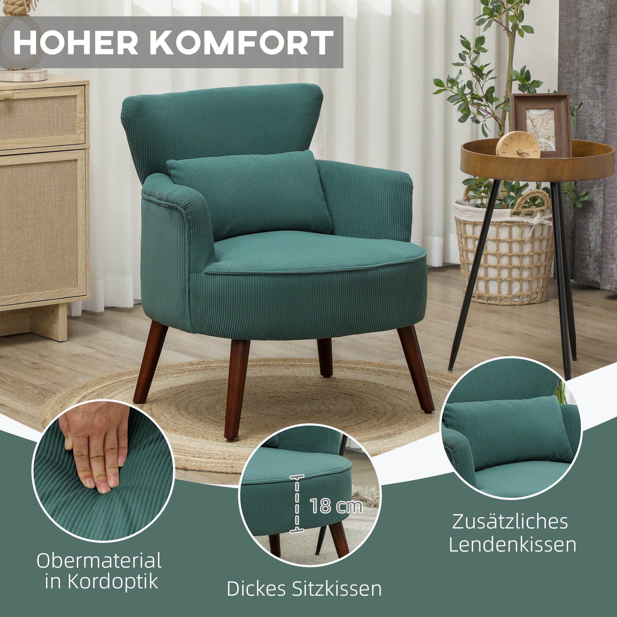 Armchair with Backrest, Rounded Armrests, Upholstered Lounge Chair with Corduroy Look, Wooden Legs, for Bedroom, Living Room, up to 120 kg, Dark Green