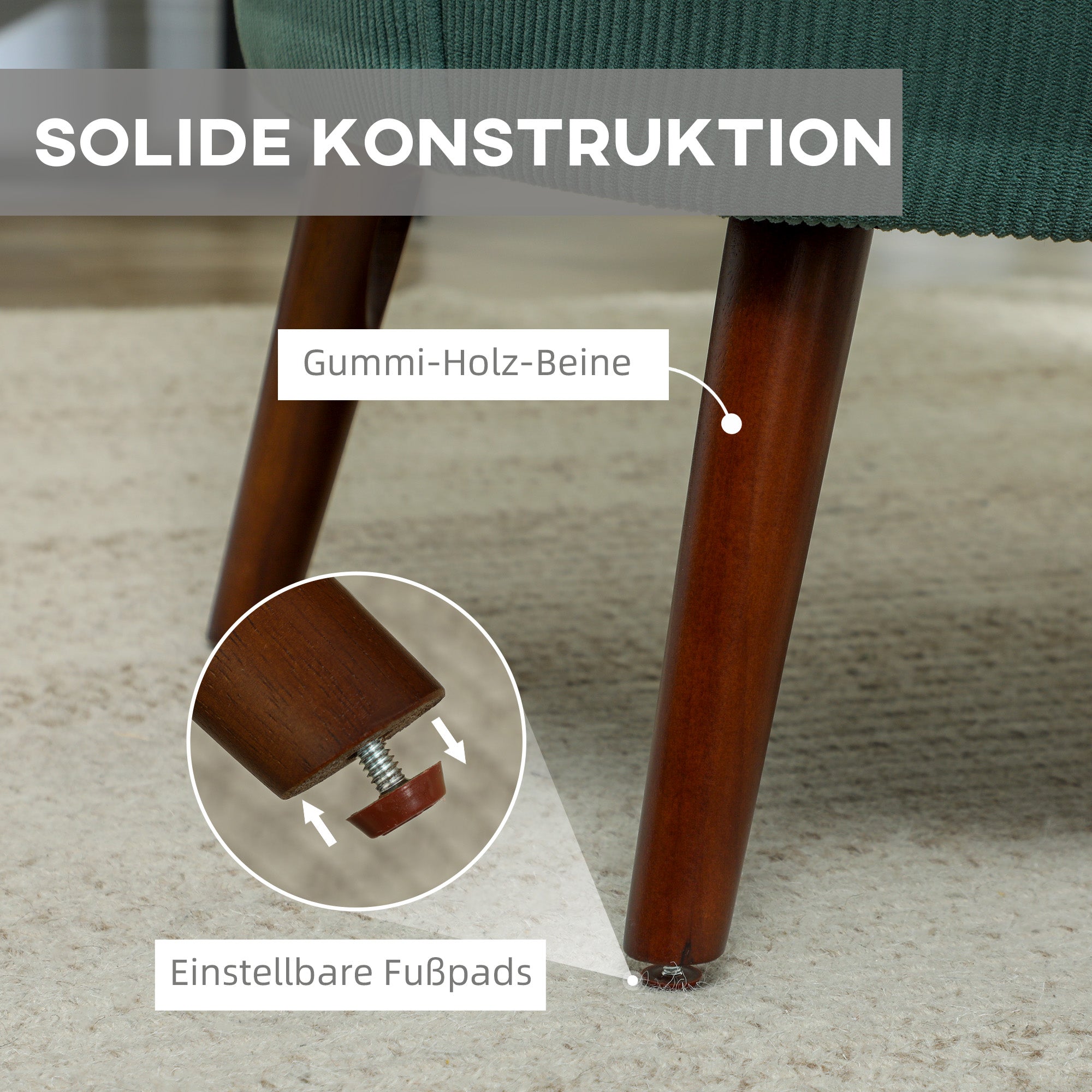 Armchair with Backrest, Rounded Armrests, Upholstered Lounge Chair with Corduroy Look, Wooden Legs, for Bedroom, Living Room, up to 120 kg, Dark Green