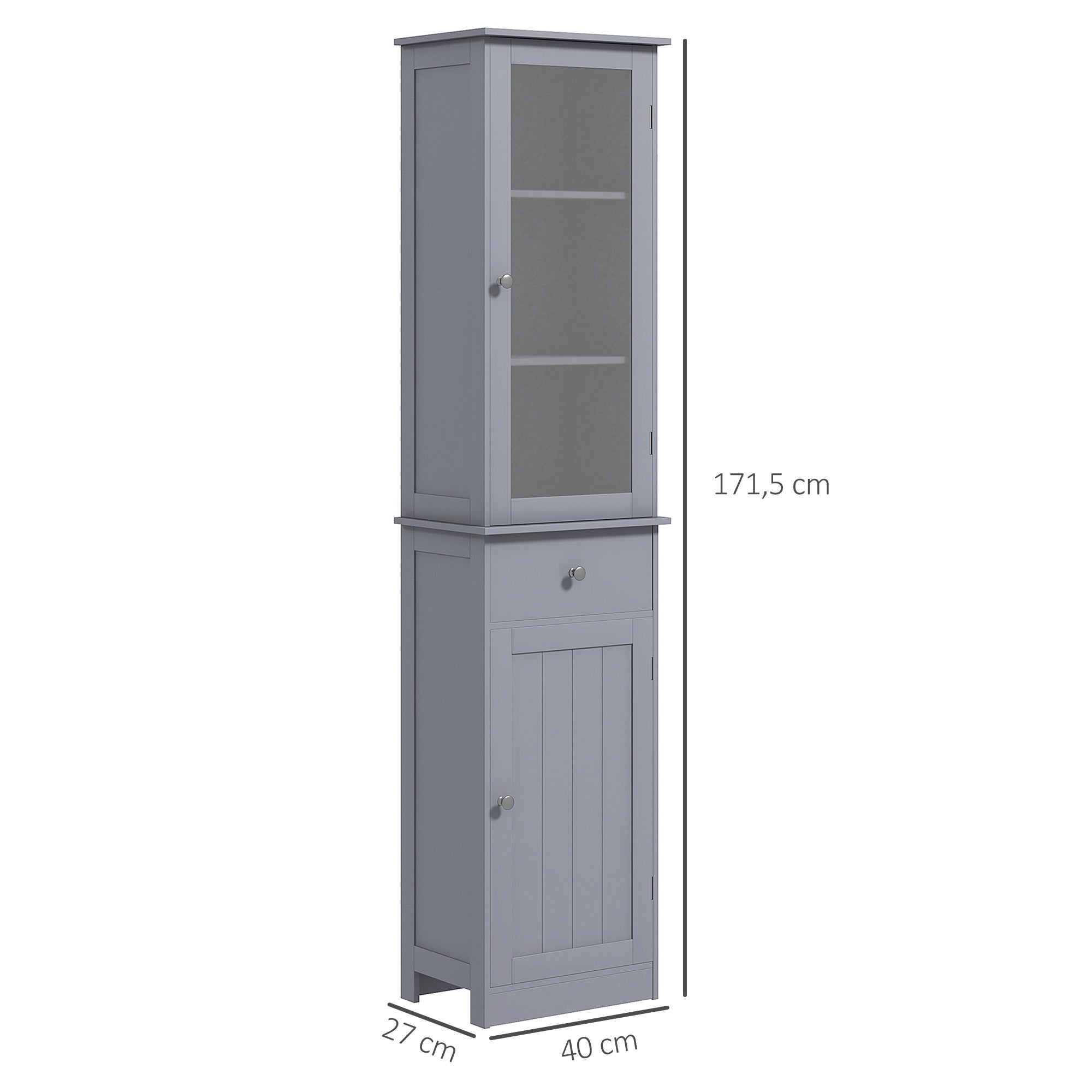 Modern Bathroom Column Cabinet Acrylic Door 2 Shelves Cabinet Door 1 Shelf Drawer MDF Gray