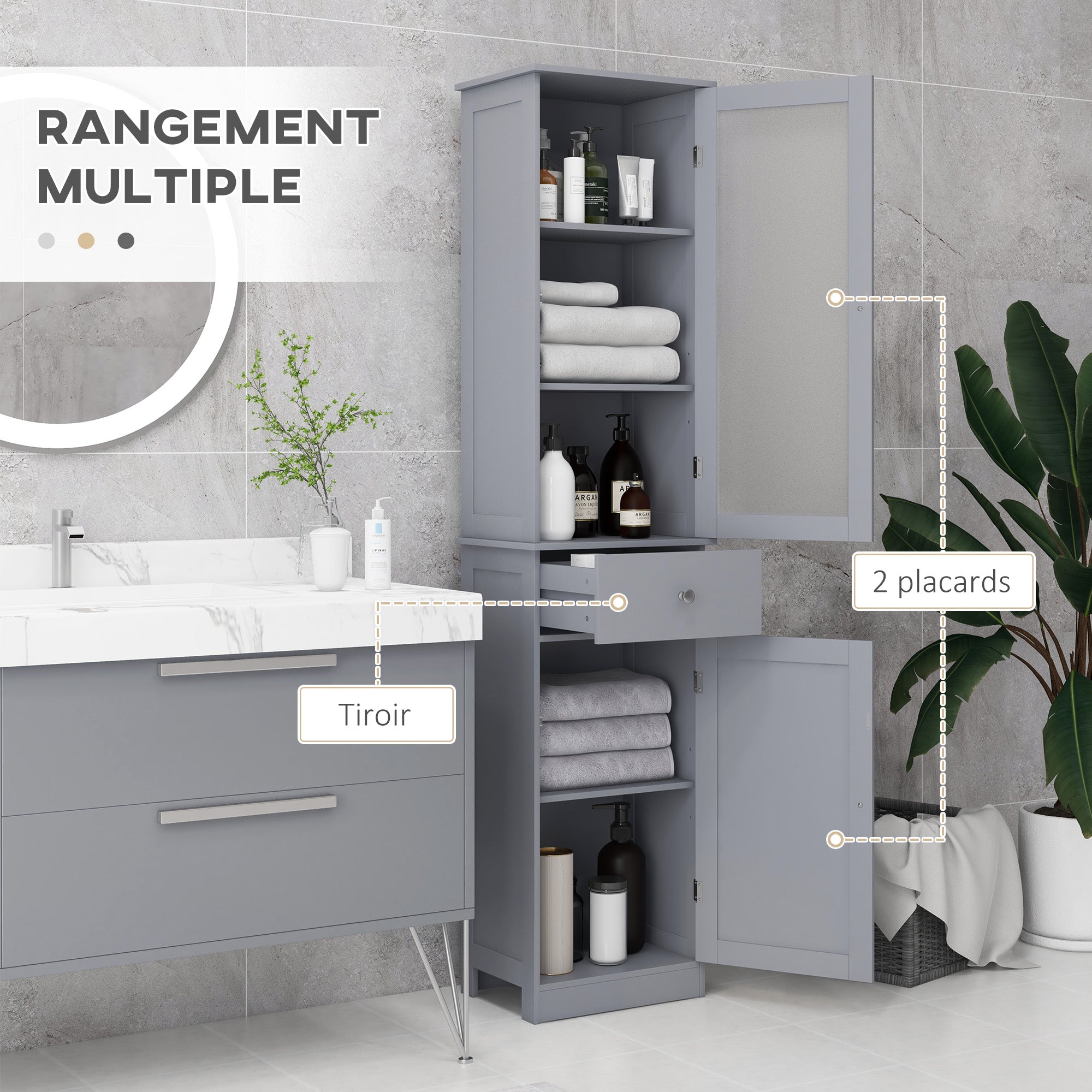Modern Bathroom Column Cabinet Acrylic Door 2 Shelves Cabinet Door 1 Shelf Drawer MDF Gray