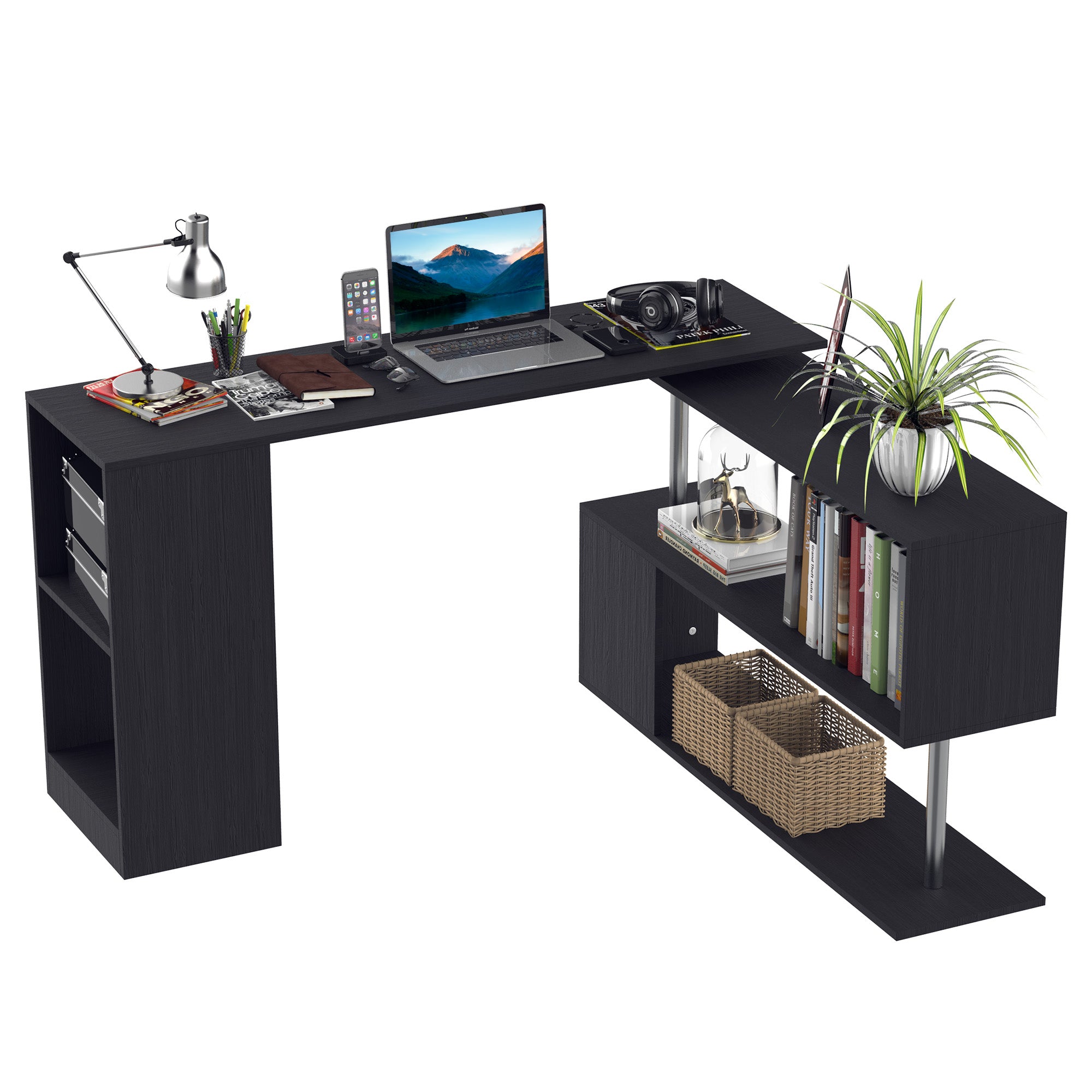 Space-Saving Corner Desk with S-Shaped Shelf, Modern Wooden Desk, 140x120x78 cm, Black