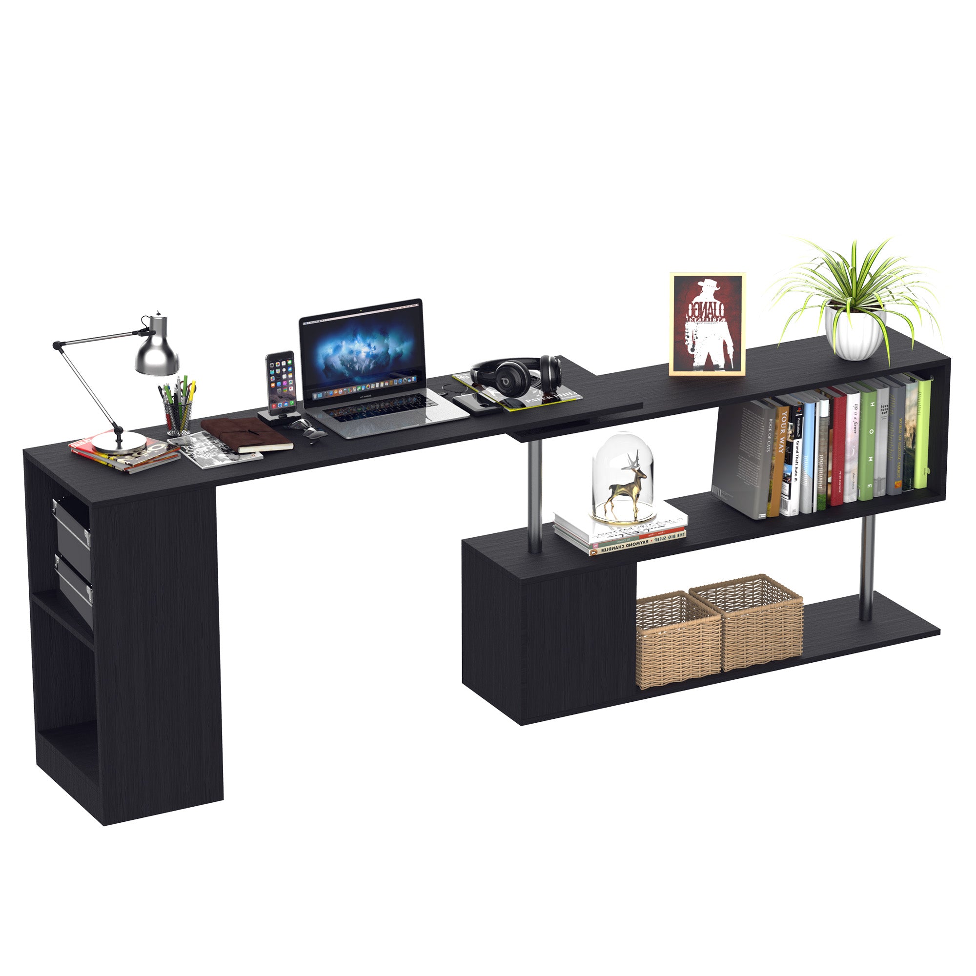 Space-Saving Corner Desk with S-Shaped Shelf, Modern Wooden Desk, 140x120x78 cm, Black