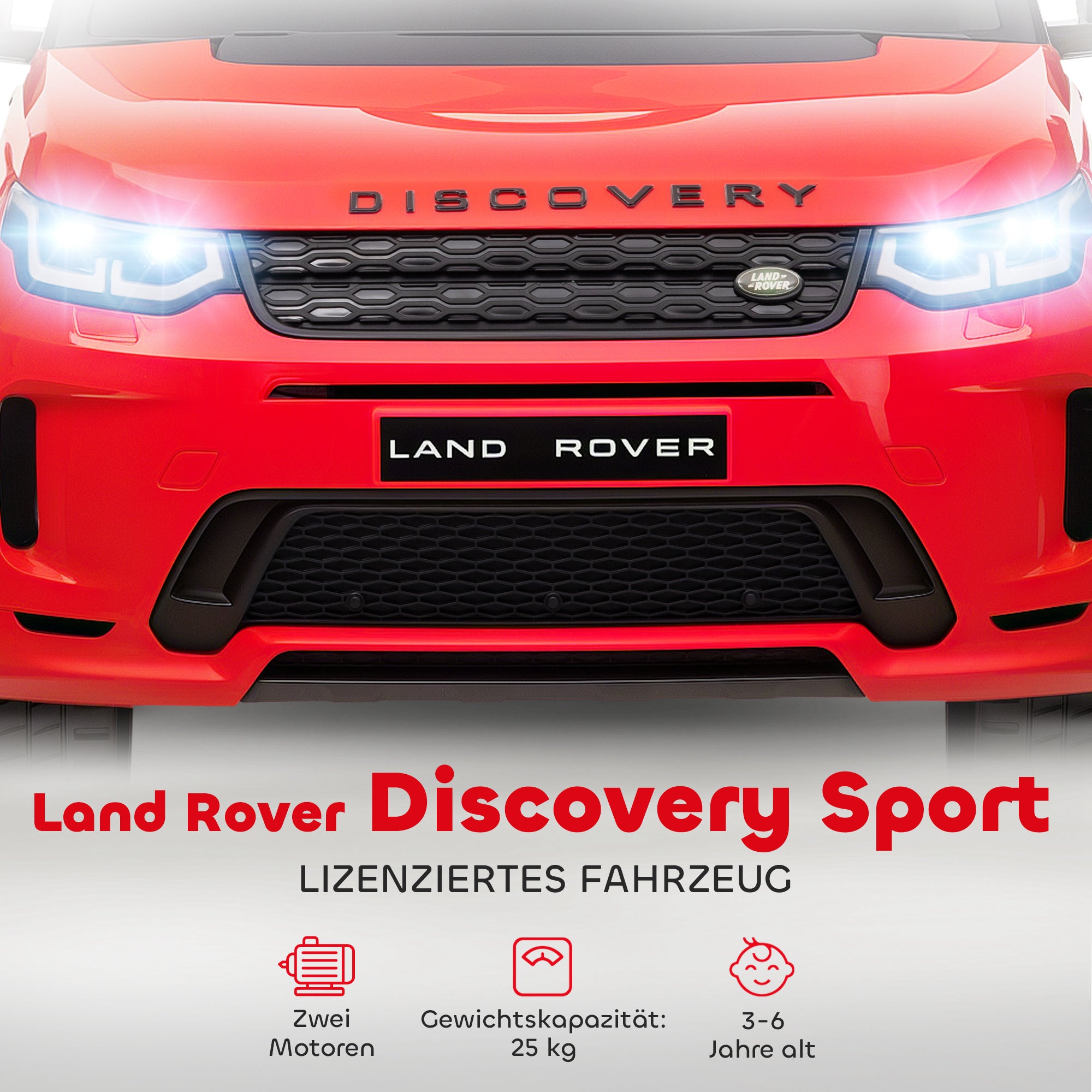Kids Electric Car 12V Land Rover Discovery Sport Children's Car with 2.4G Remote Control, Music, Horn, Electric Vehicle with LED Lights, USB/MP3 Connection, 3-5 km/h, for Kids 3-6 Years, Red