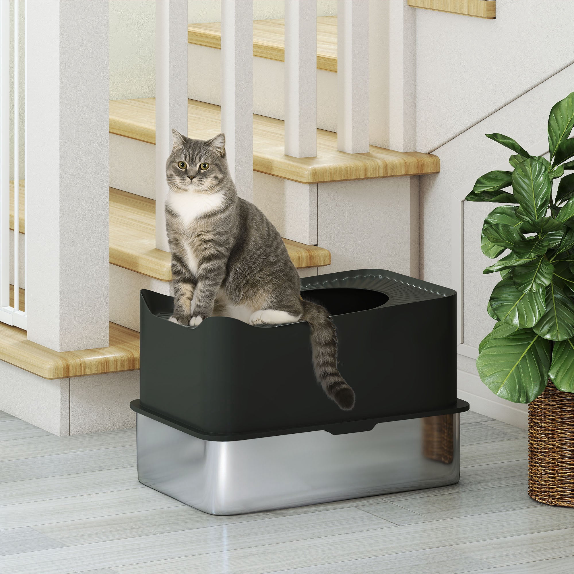 XXL Stainless Steel Cat Litter Box, 65L Large Capacity, Cat Toilet House, with Scoop and Non-Slip Feet, Easy to Clean, 60 x 40 x 38 cm, Black