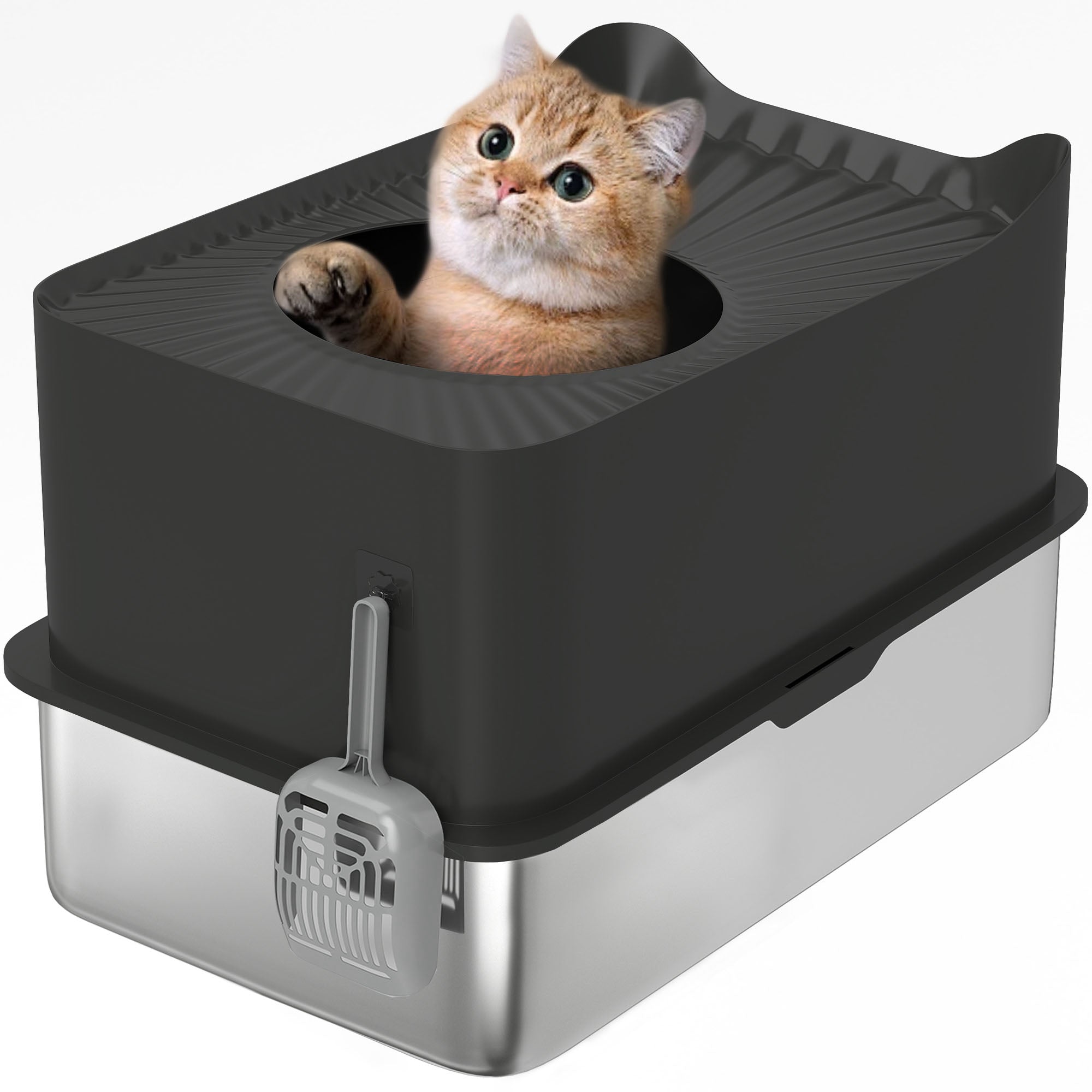 XXL Stainless Steel Cat Litter Box, 65L Large Capacity, Cat Toilet House, with Scoop and Non-Slip Feet, Easy to Clean, 60 x 40 x 38 cm, Black