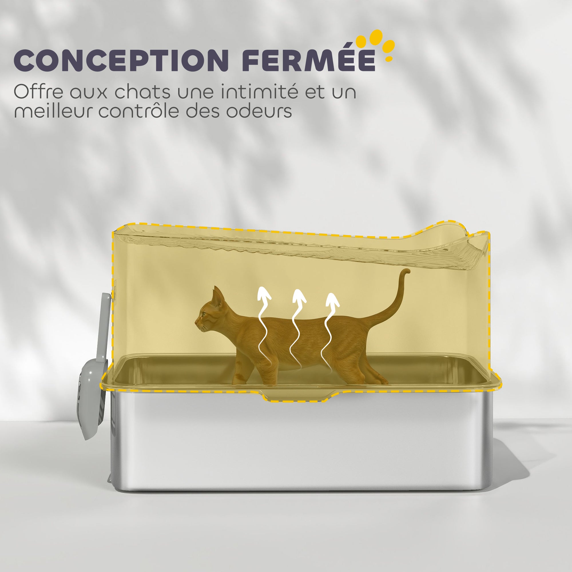 XXL Stainless Steel Cat Litter Box, 65L Large Capacity, Cat Toilet House, with Scoop and Non-Slip Feet, Easy to Clean, 60 x 40 x 38 cm, Black