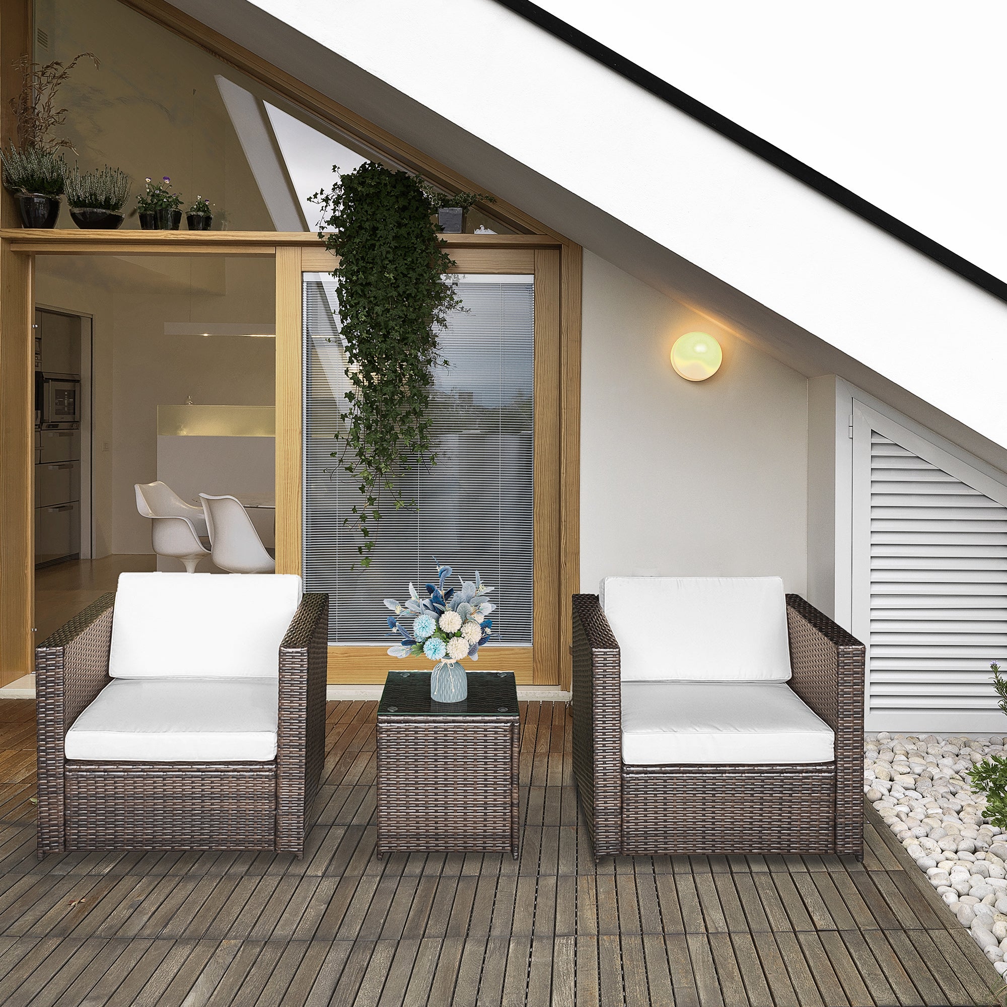 3-Piece PE Rattan Balcony Set with Coffee Table and Outdoor Chairs, Brown