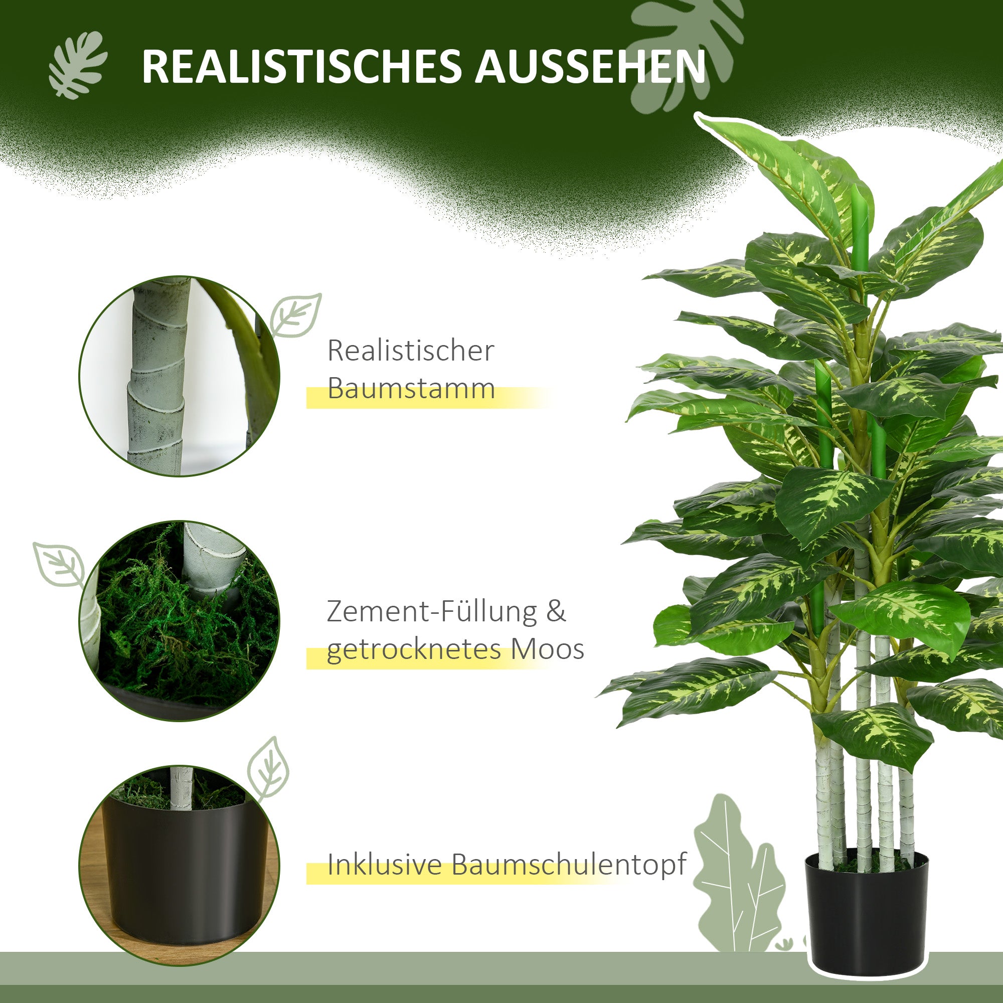 Artificial Dieffenbachia Large 120 cm Artificial Plant, Artificial Dieffenbachia Plant in Pot, Artificial Tree with Artificial Grass for Living Room Bedroom Decor Garden