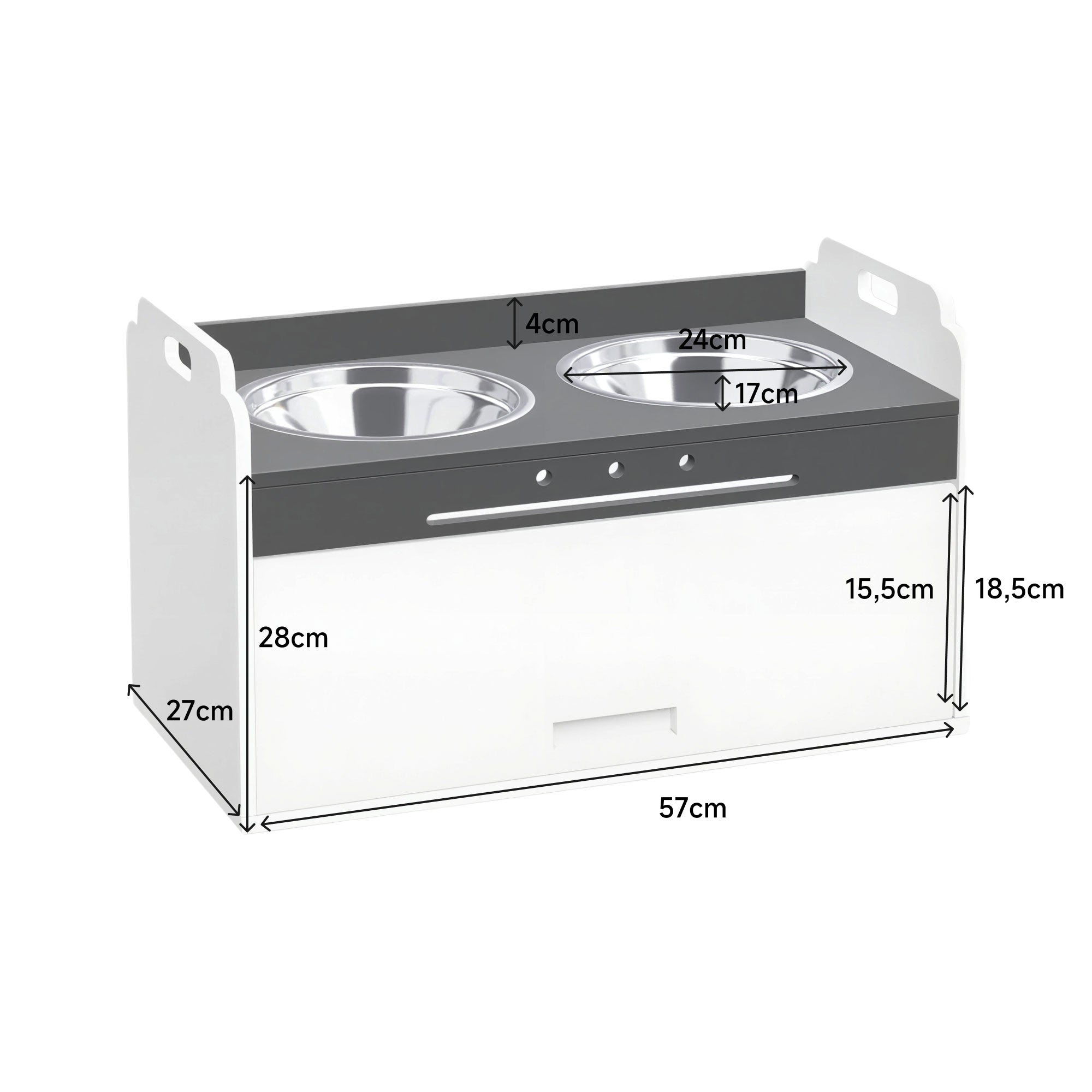 Elevated Dog Feeder with Storage Cabinet, 2 Stainless Steel Bowls (Includes Slow-Feed), Anti-Slip Station for Large Dogs, White