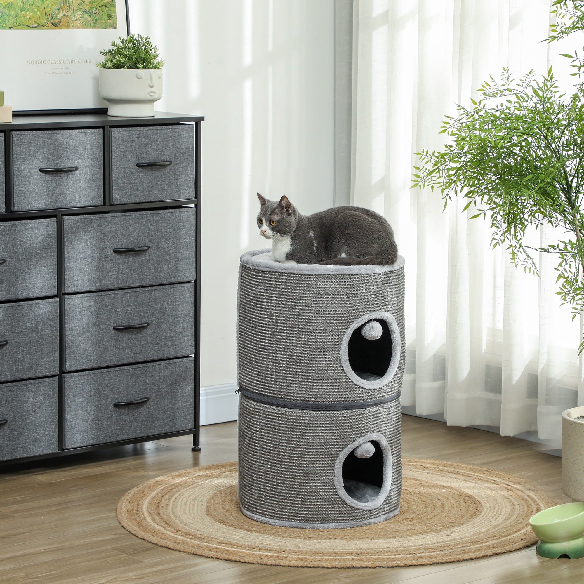 Modular Cat Tower, Barrel Cat Scratcher with Separable Zipper 3 Levels, Two Balls, Cat Cave and Hideout, Height 69 cm, Gray