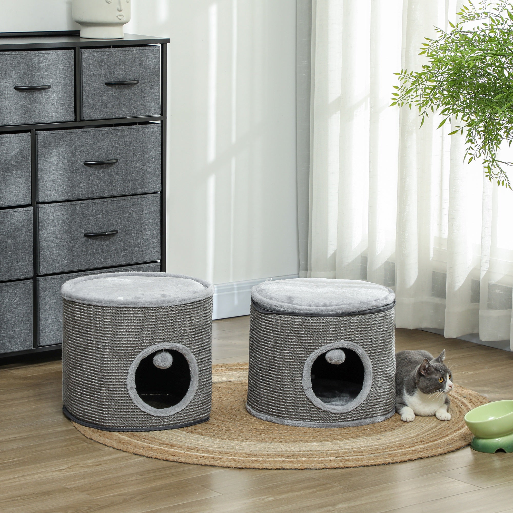 Modular Cat Tower, Barrel Cat Scratcher with Separable Zipper 3 Levels, Two Balls, Cat Cave and Hideout, Height 69 cm, Gray