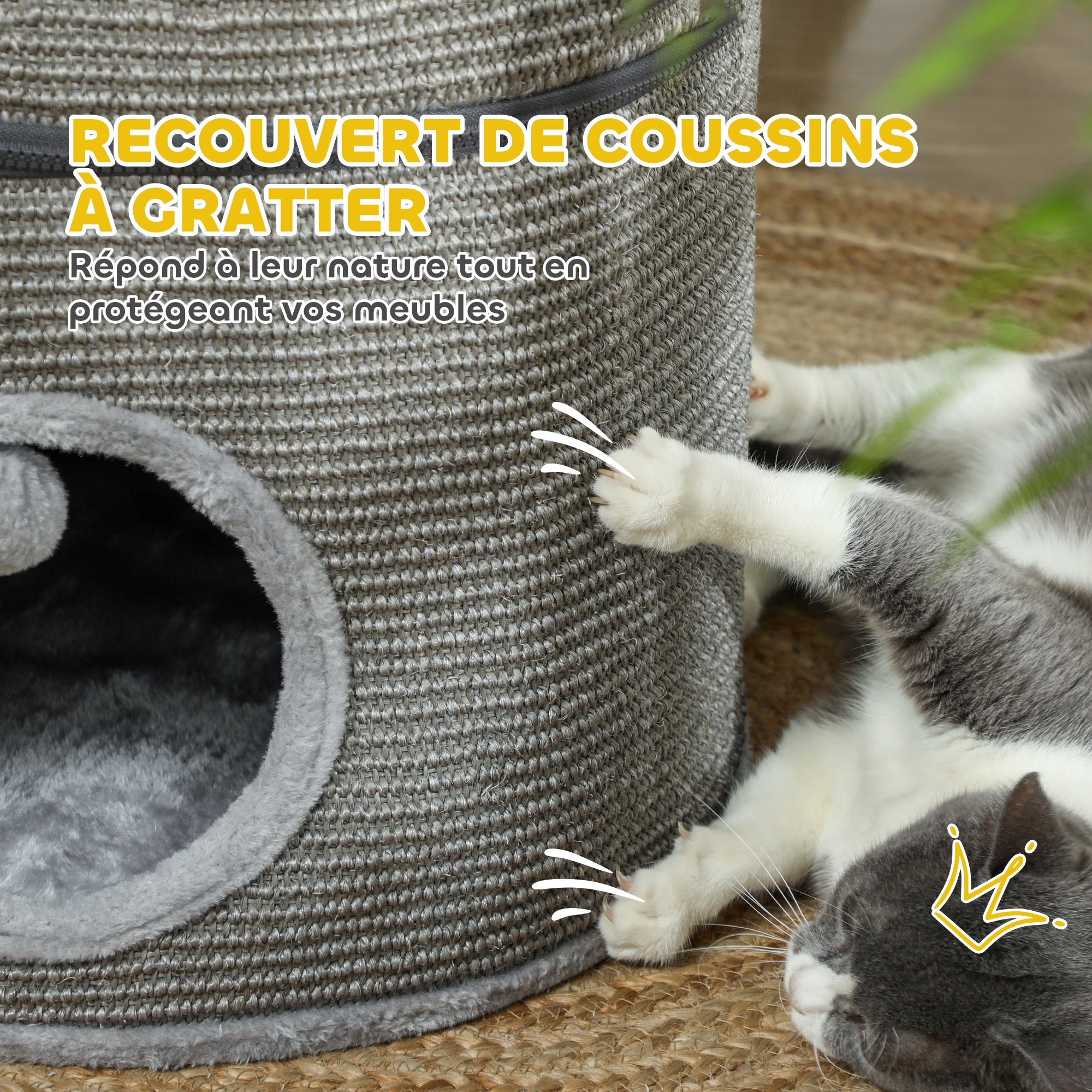 Modular Cat Tower, Barrel Cat Scratcher with Separable Zipper 3 Levels, Two Balls, Cat Cave and Hideout, Height 69 cm, Gray