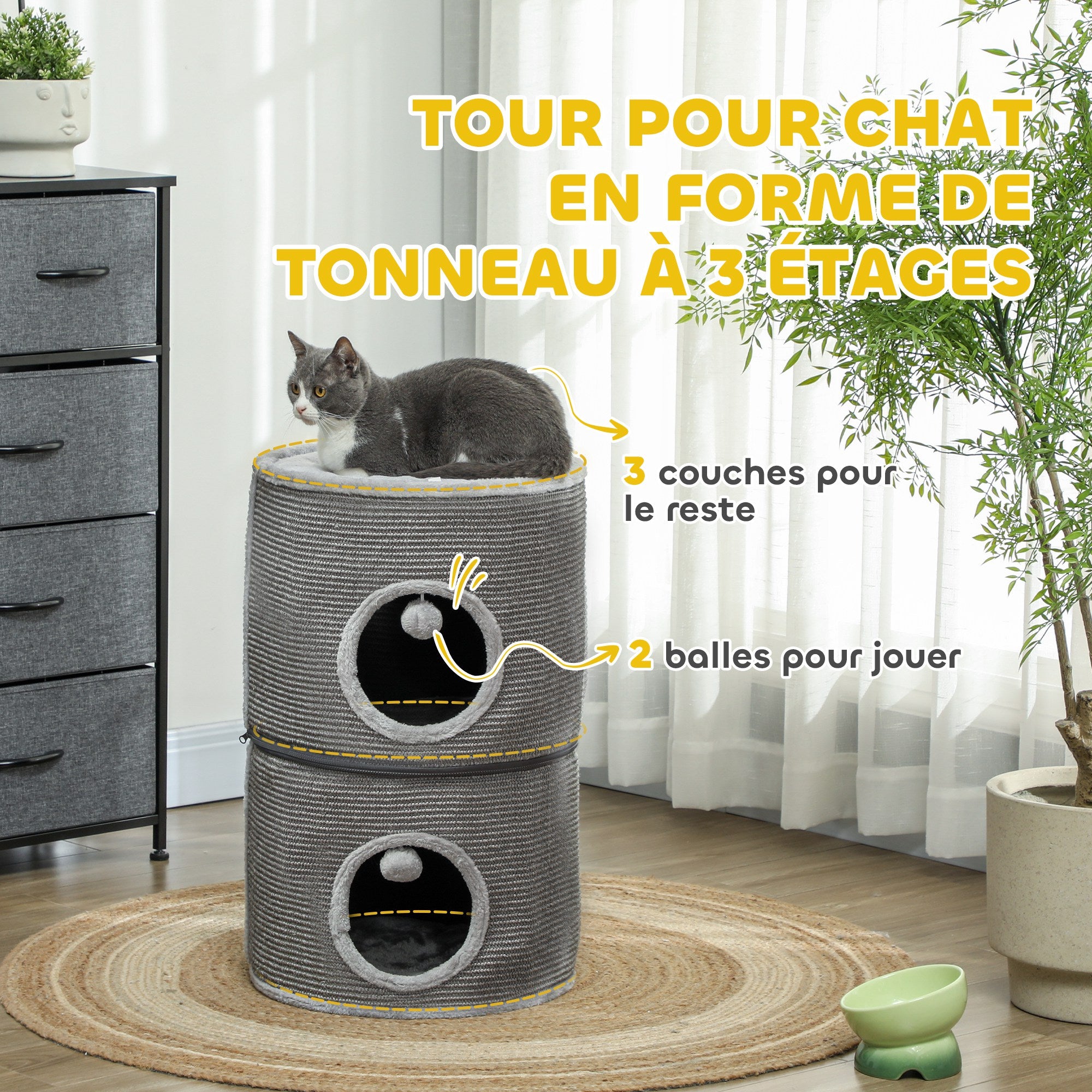 Modular Cat Tower, Barrel Cat Scratcher with Separable Zipper 3 Levels, Two Balls, Cat Cave and Hideout, Height 69 cm, Gray