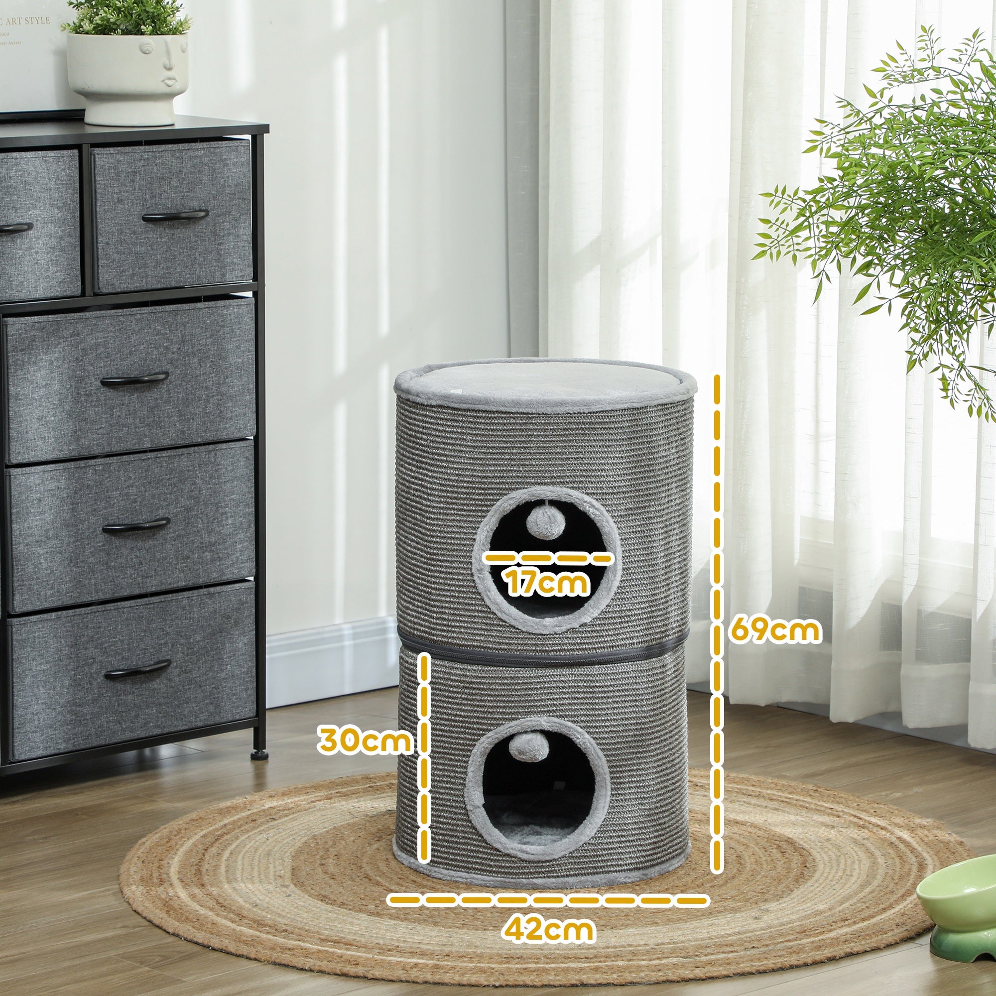 Modular Cat Tower, Barrel Cat Scratcher with Separable Zipper 3 Levels, Two Balls, Cat Cave and Hideout, Height 69 cm, Gray