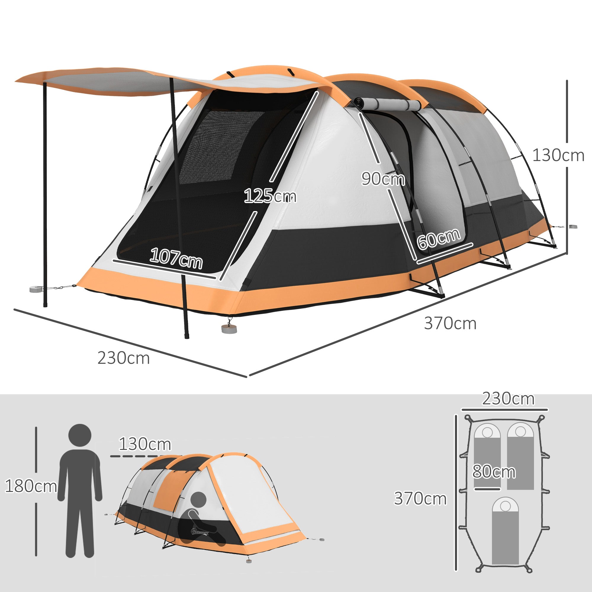 Family Camping Tent for 3-4 People Foldable Waterproof Camping Tent with 2 Rooms and Carrying Bag for Hiking 370x220x130 cm Grey