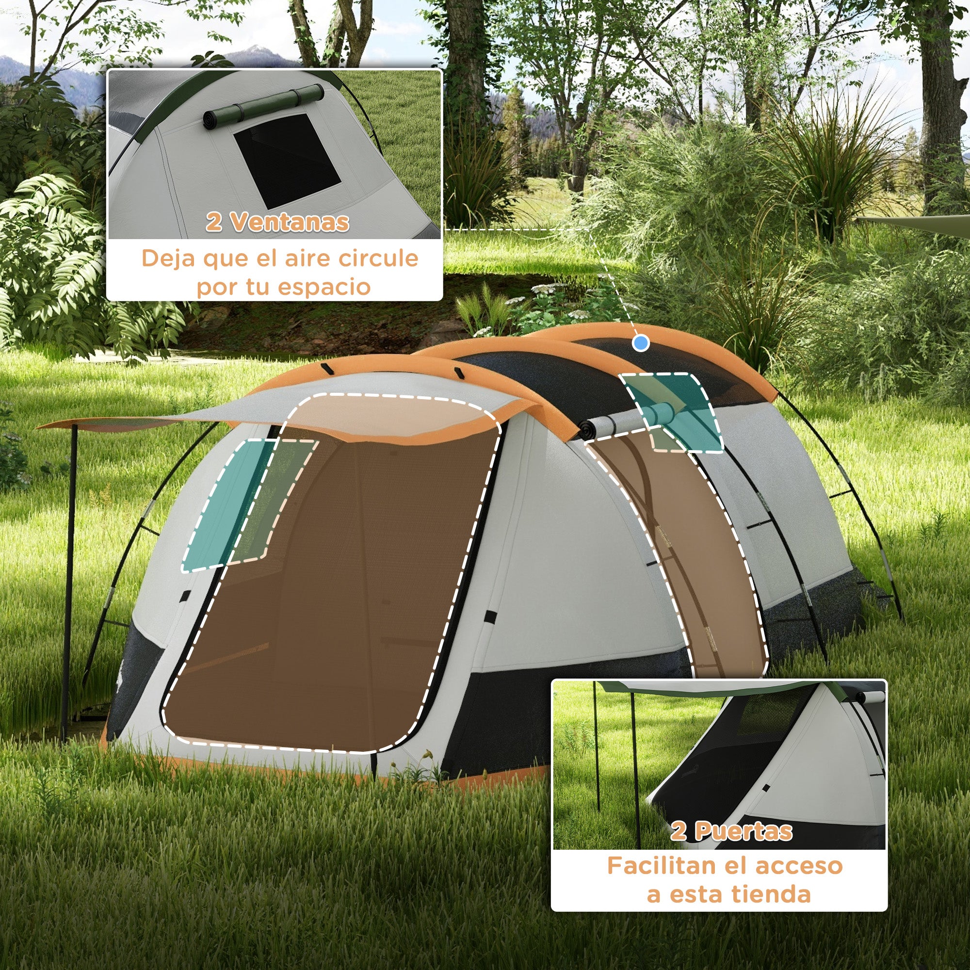 Family Camping Tent for 3-4 People Foldable Waterproof Camping Tent with 2 Rooms and Carrying Bag for Hiking 370x220x130 cm Grey