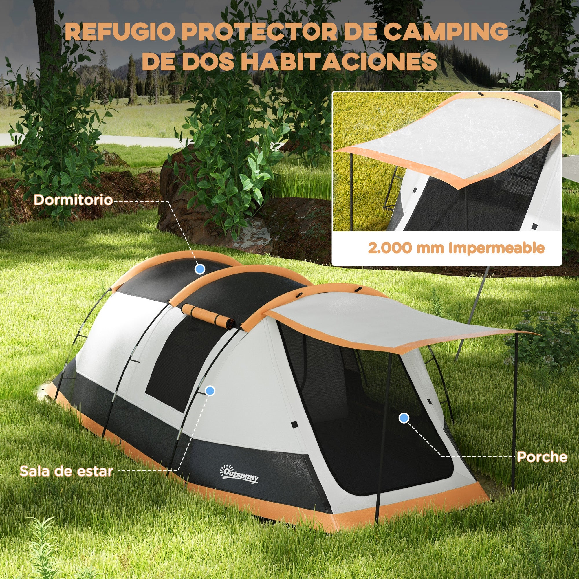 Family Camping Tent for 3-4 People Foldable Waterproof Camping Tent with 2 Rooms and Carrying Bag for Hiking 370x220x130 cm Grey