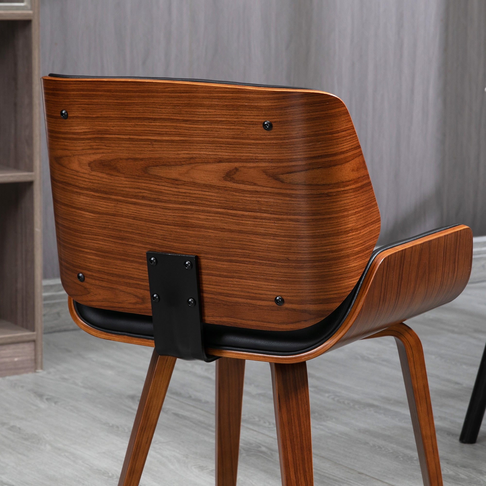 Set of 2 vintage style dining chairs with black synthetic covering seat and wooden legs