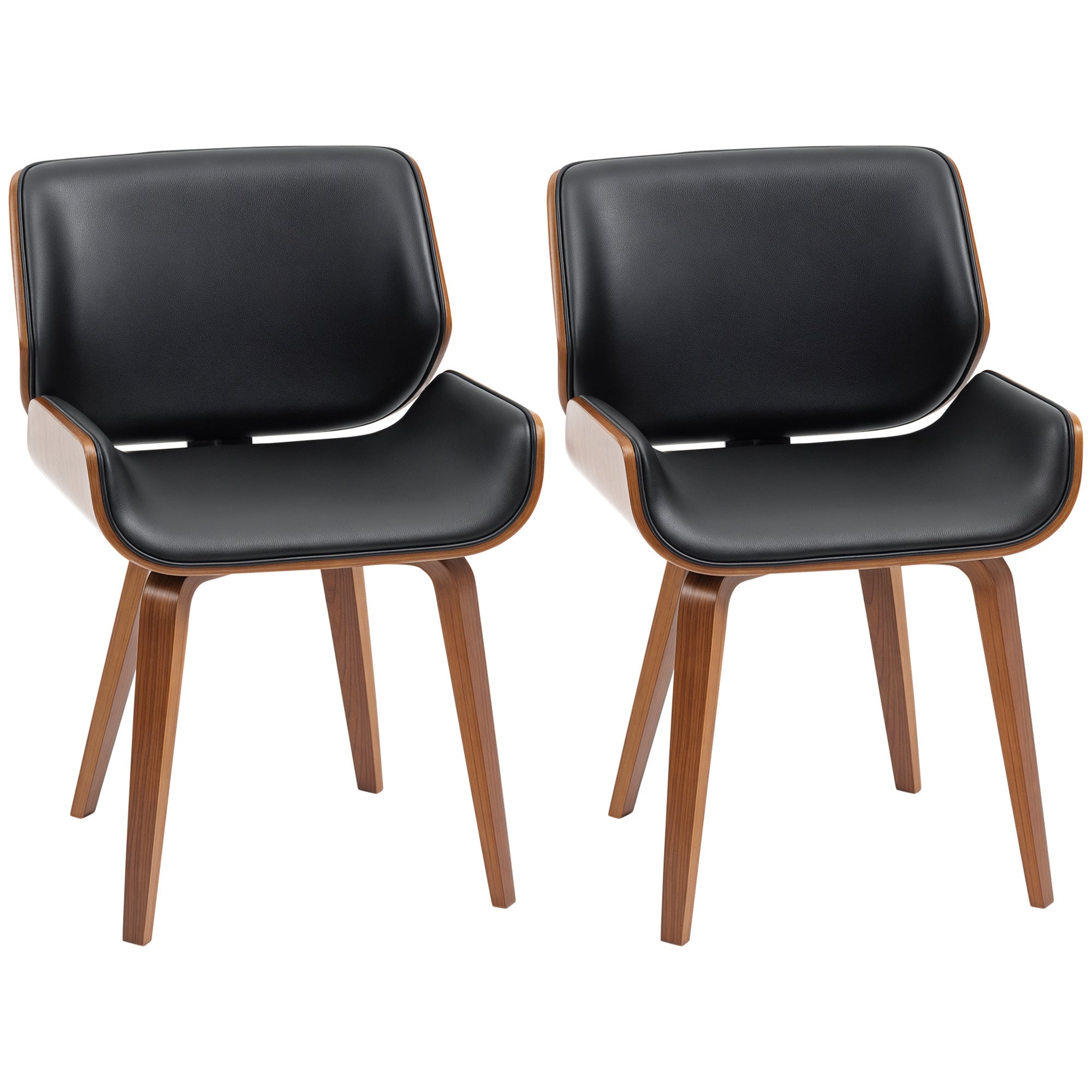 Set of 2 vintage style dining chairs with black synthetic covering seat and wooden legs