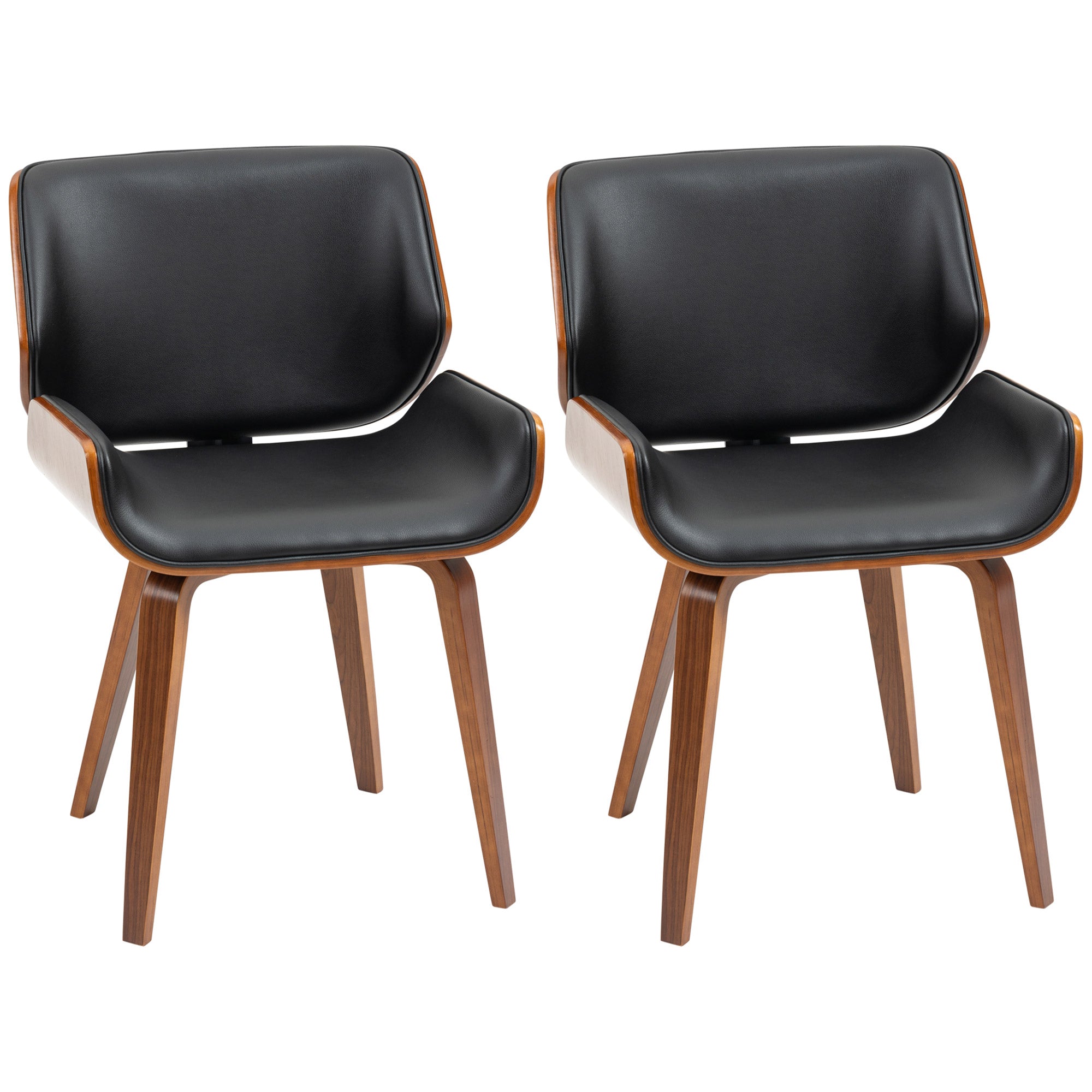 Set of 2 vintage style dining chairs with black synthetic covering seat and wooden legs