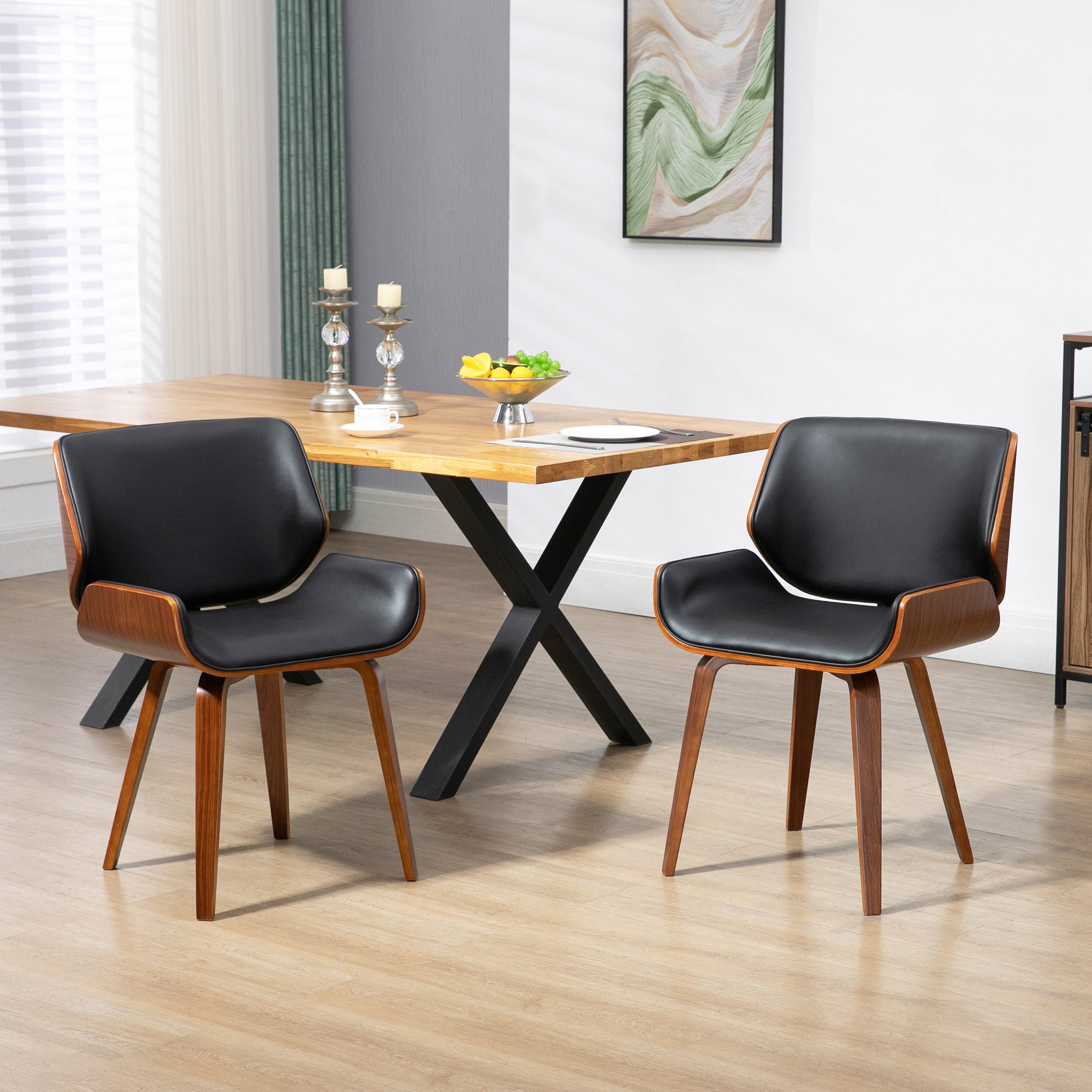 Set of 2 vintage style dining chairs with black synthetic covering seat and wooden legs