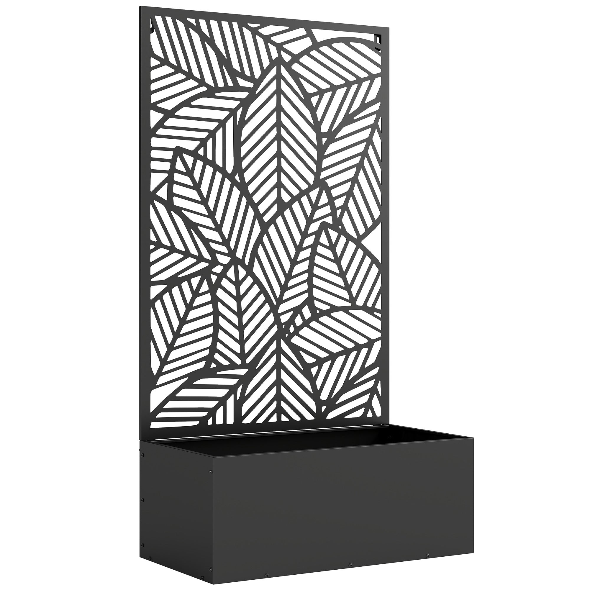 Metal Raised Planter with Trellis — Freestanding or Wall-Mount, Privacy Panel with Leaf Cutouts