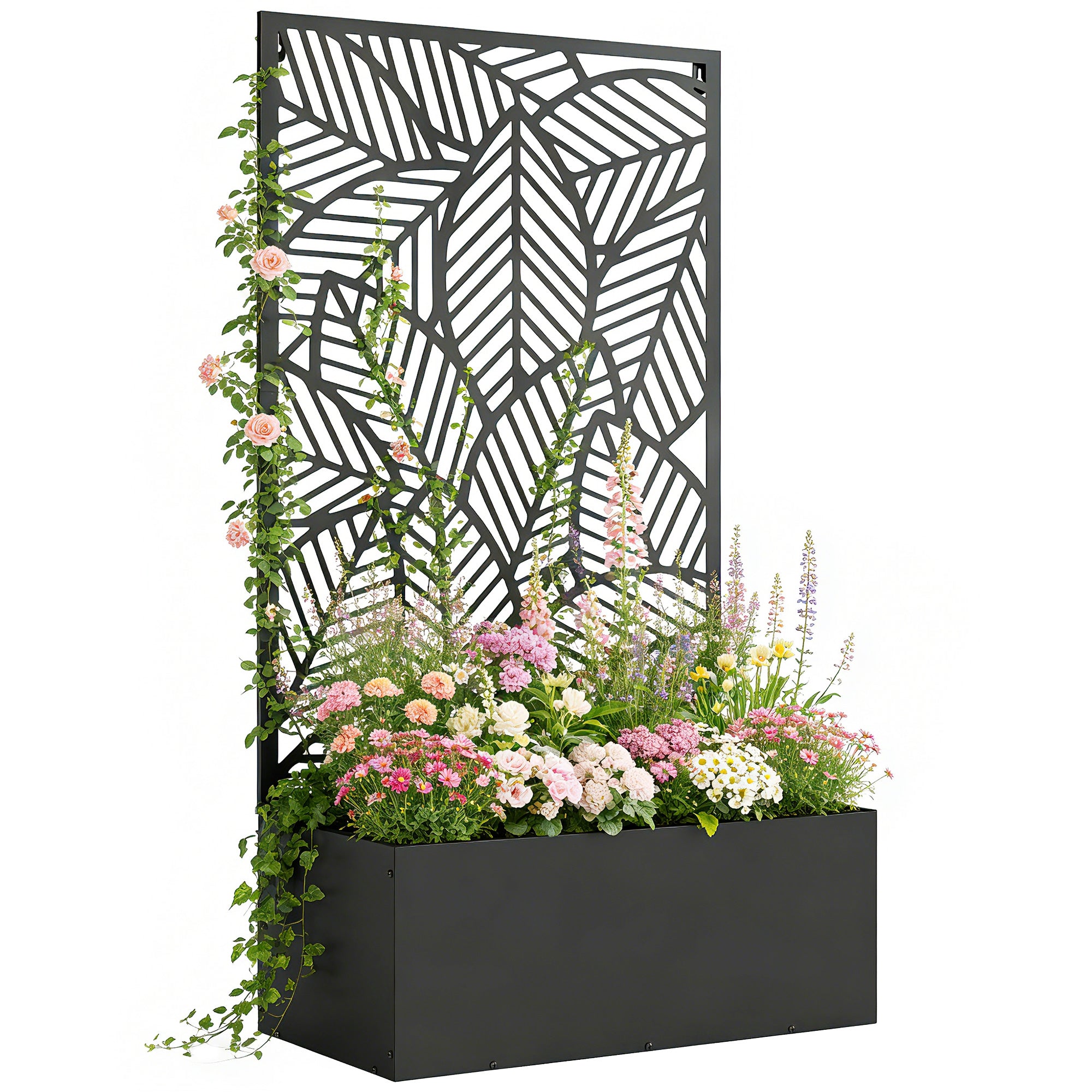 Metal Raised Planter with Trellis — Freestanding or Wall-Mount, Privacy Panel with Leaf Cutouts