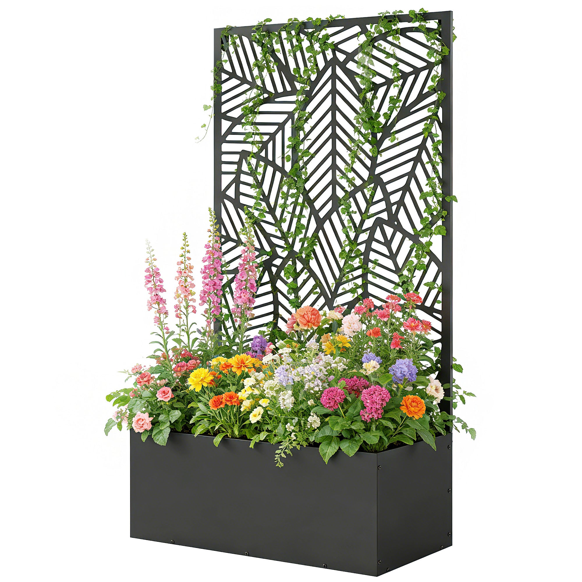 Metal Raised Planter with Trellis — Freestanding or Wall-Mount, Privacy Panel with Leaf Cutouts