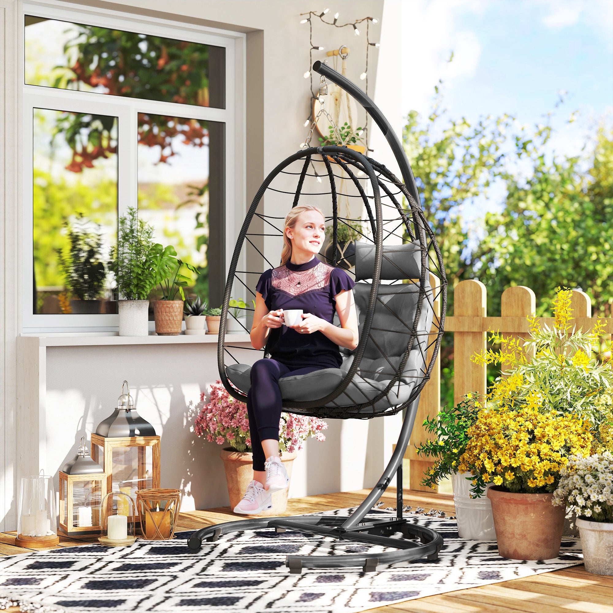 Rattan Hanging Chair Swing 195 cm Height Basket Indoor Outdoor incl. Stand, Cushion, Waterproof Cover, for Patio, Garden up to 150 kg, Dark Grey