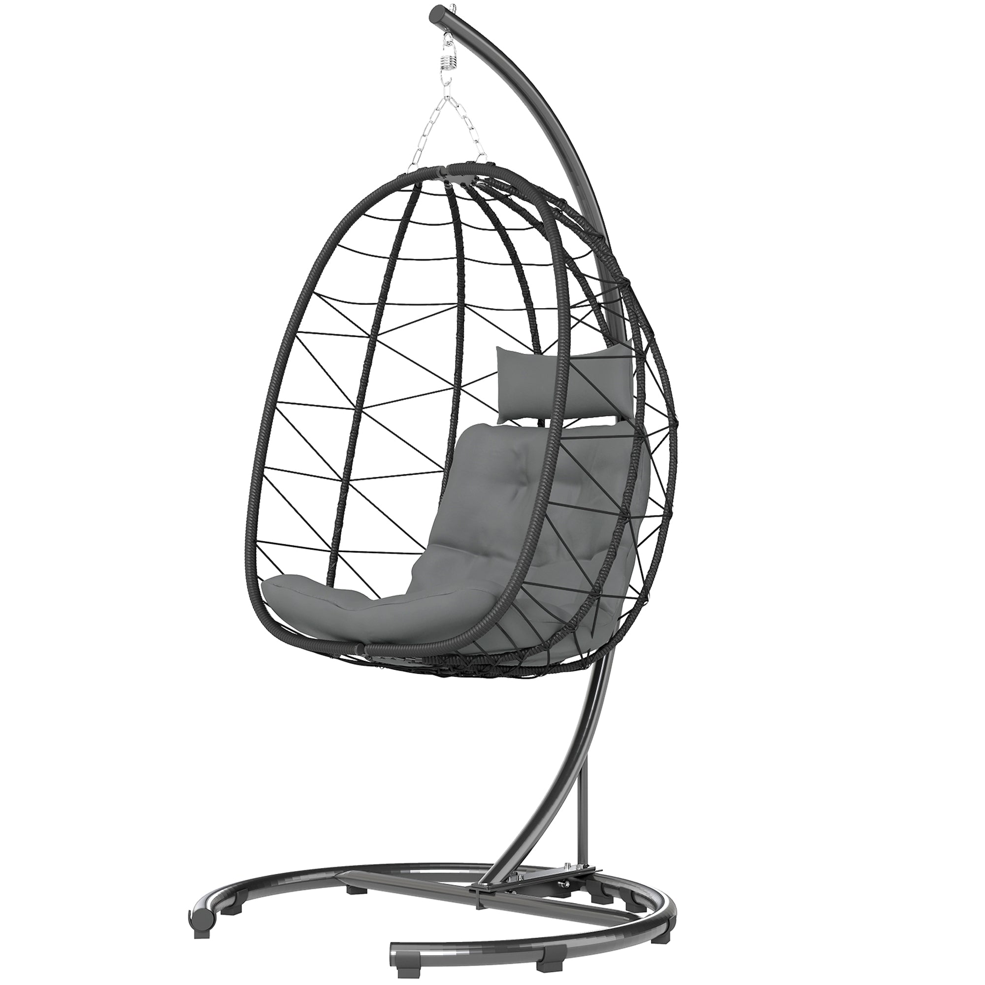 Rattan Hanging Chair Swing 195 cm Height Basket Indoor Outdoor incl. Stand, Cushion, Waterproof Cover, for Patio, Garden up to 150 kg, Dark Grey