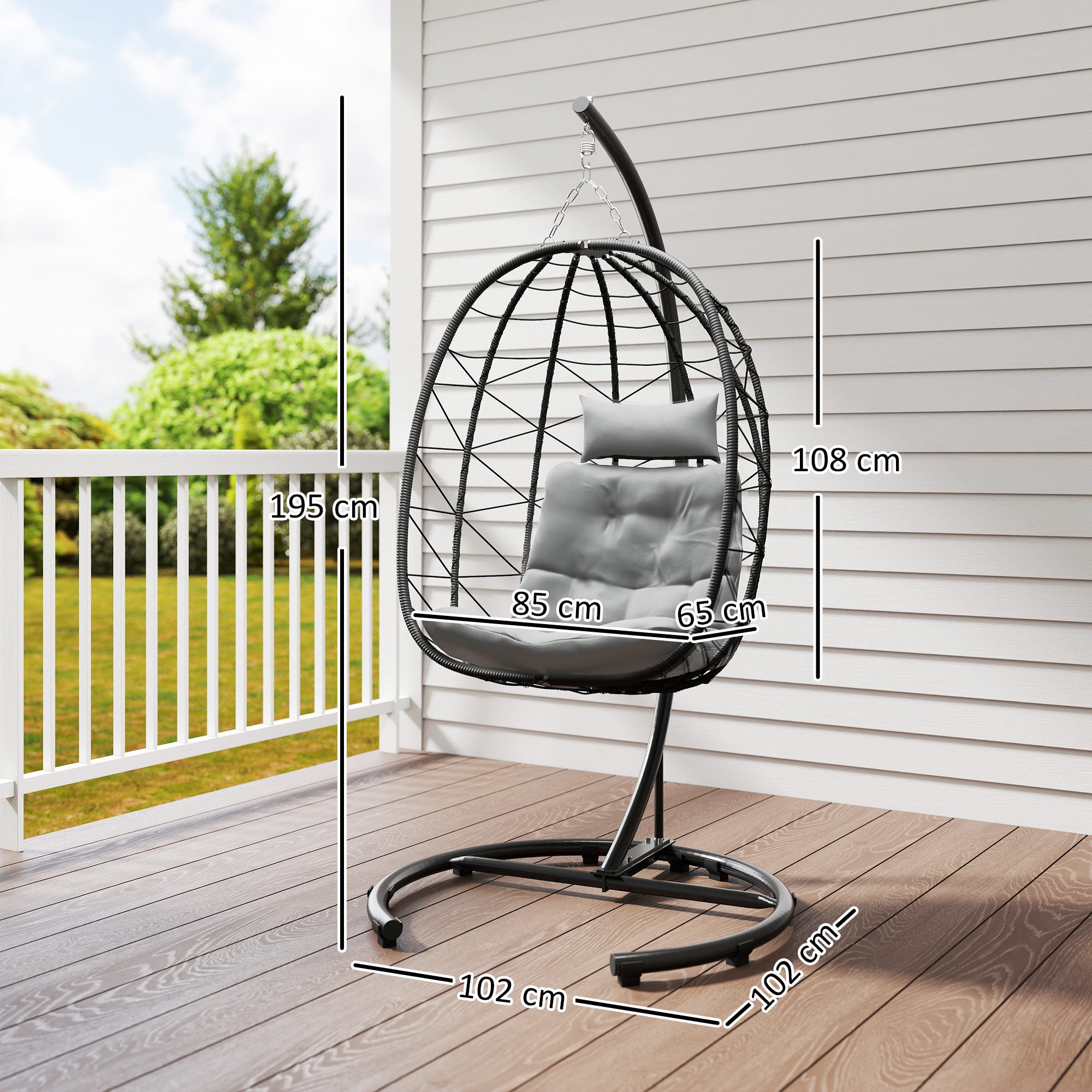 Rattan Hanging Chair Swing 195 cm Height Basket Indoor Outdoor incl. Stand, Cushion, Waterproof Cover, for Patio, Garden up to 150 kg, Dark Grey