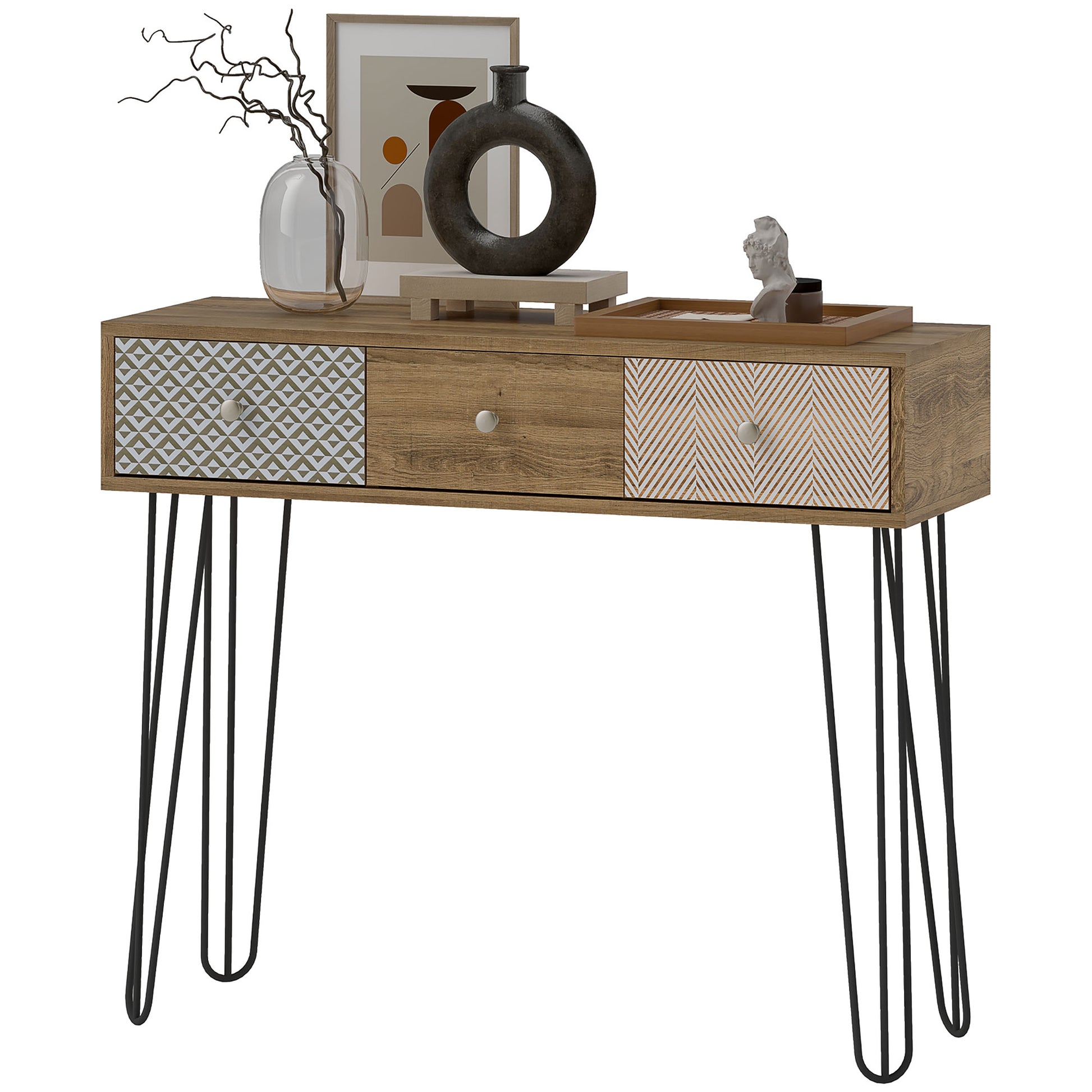 Console Table, Narrow Entryway Table, Nordic Style Entry Console, Narrow Entry Table with 3 Drawers and Steel Legs, Side Table, for Living Room, Entryway, Hallway, Brown
