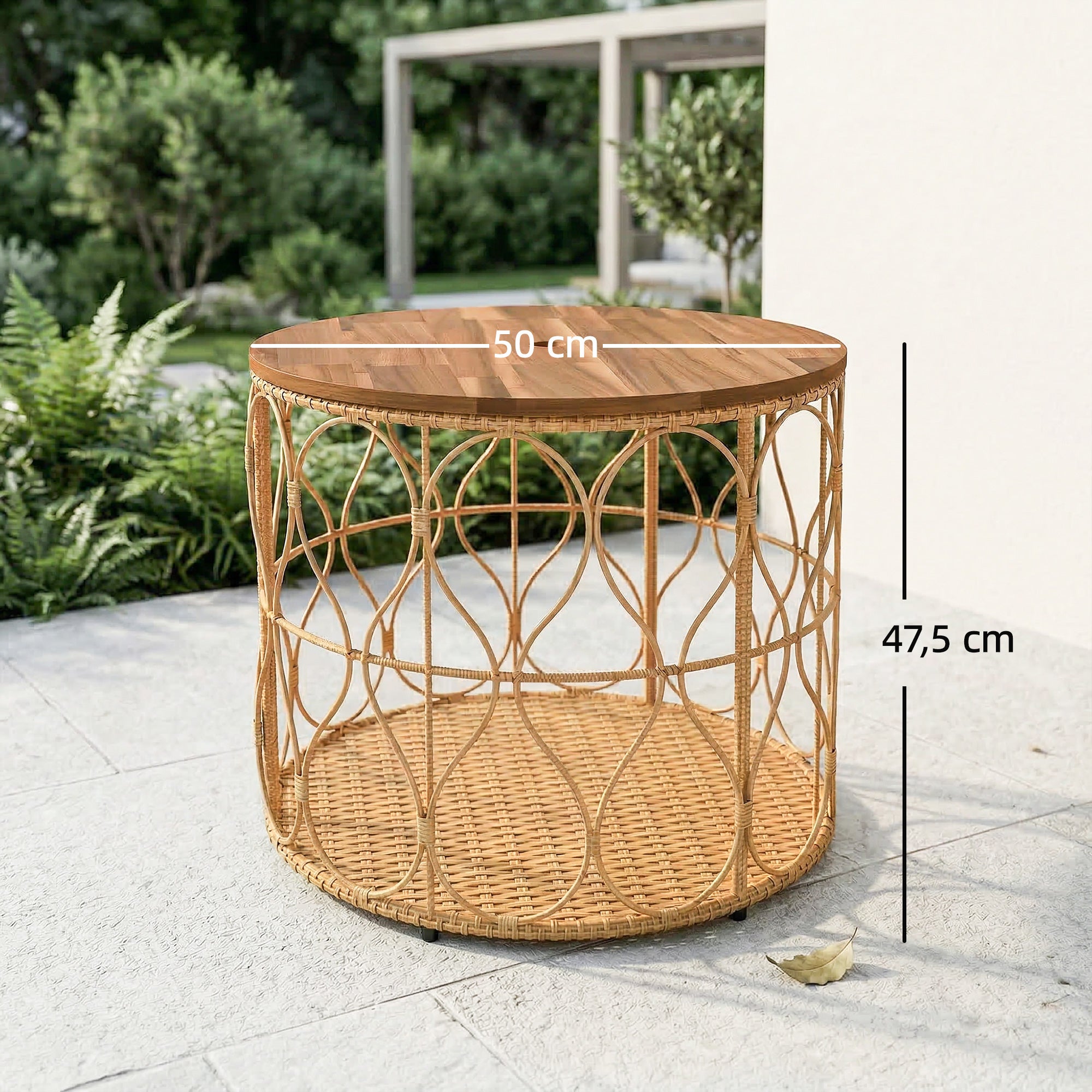Side Table, 19.7-inch Round Weatherproof Garden Table with Rattan Look, Acacia Wood Top, Adjustable Feet, 176 lb Capacity, Bistro Table for Garden Terrace Balcony — Teak
