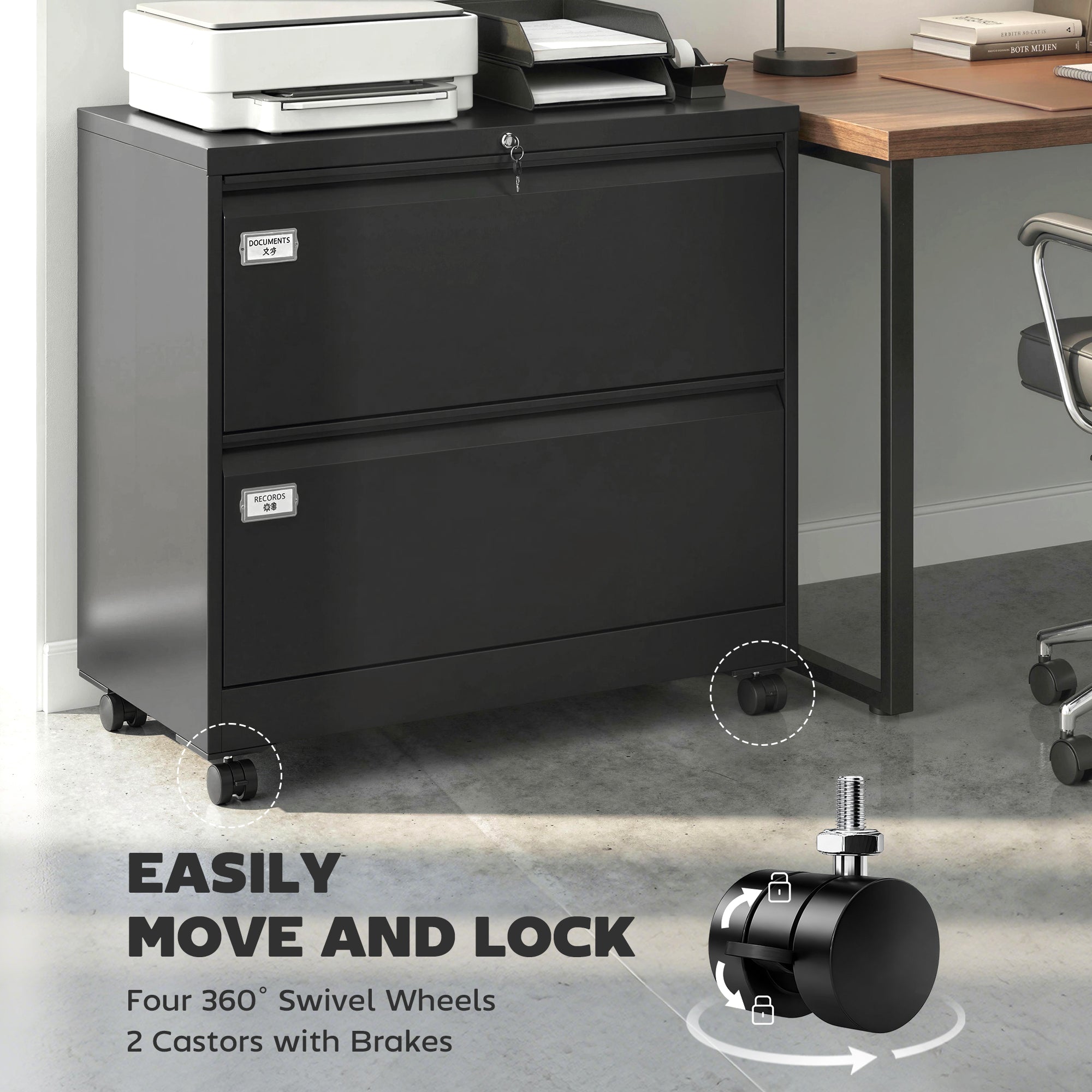 Mobile 2-Drawer Lockable Filing Cabinet with Adjustable Hanging Rails, Steel File Cabinet for Office & Home, Black, 35.4 x 15.7 x 30.5 in
