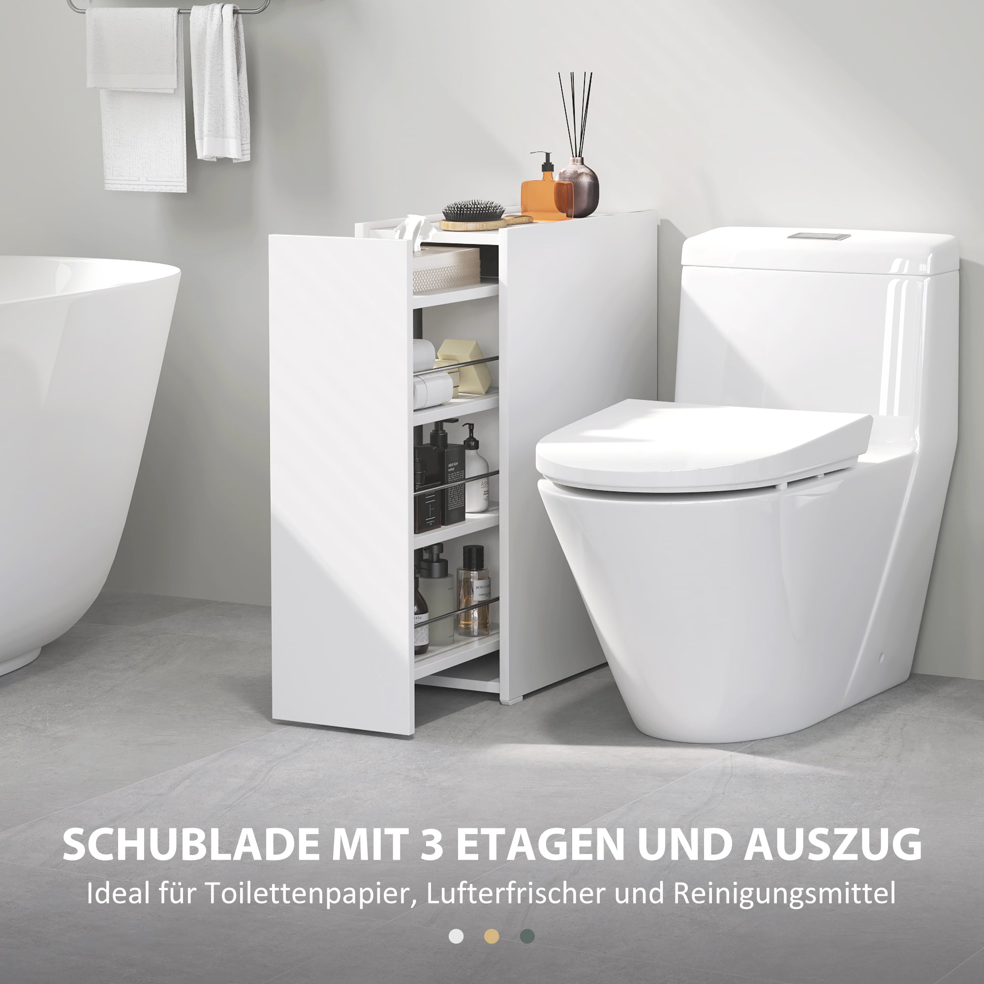 Niche Cabinet Bathroom Cabinet Slim, Toilet Cabinet with Wheel, Drawer Including 3 Deep Compartments, Side Cabinet for Small Spaces, Living Room, Bathroom, 47 x 25 x 66.5 cm White