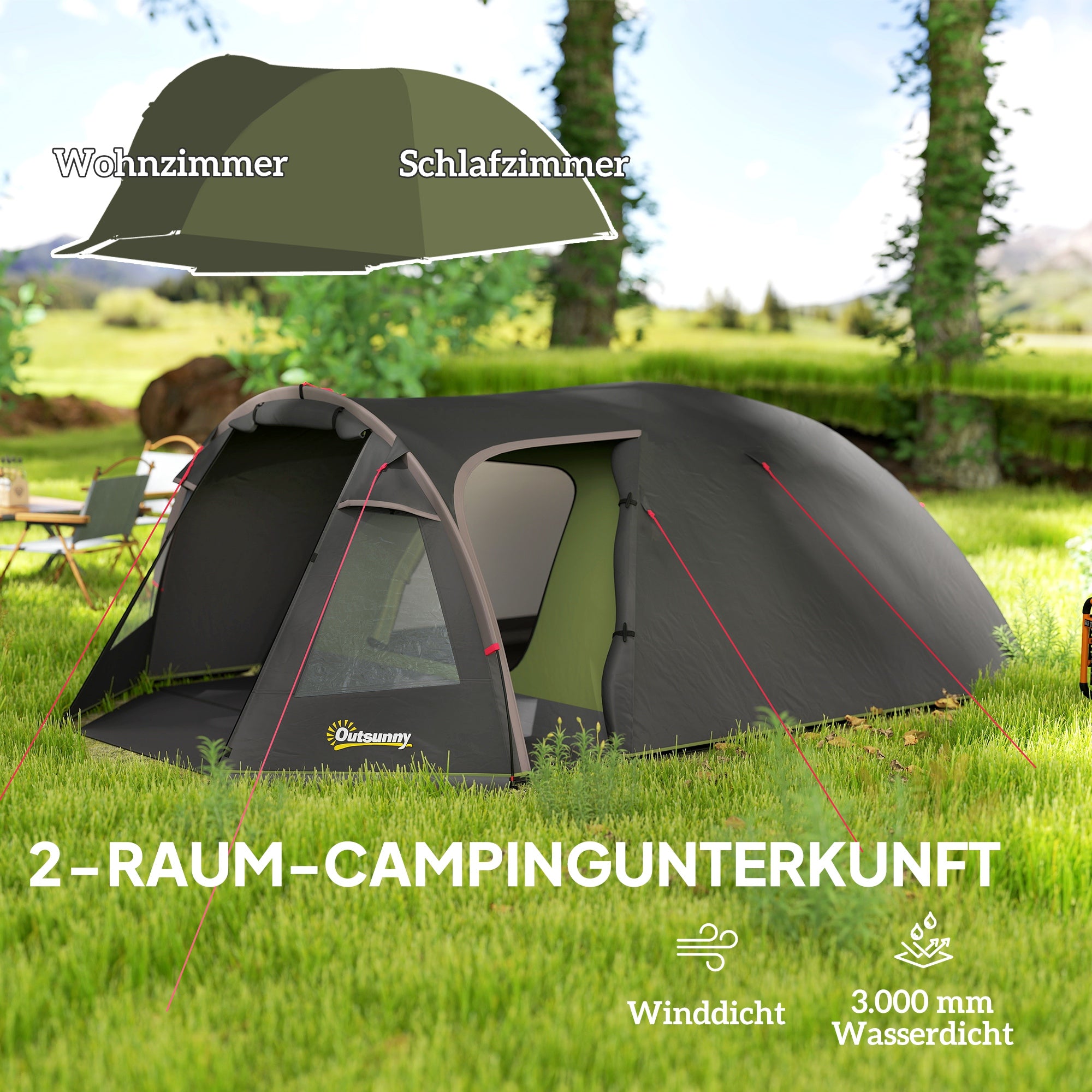 Tunnel Tent for 4 persons lightweight, stable waterproof UV 50+ camping tent with canopy double door window, groundsheet family tent with 3000mm water column tent for camping travel trekking garden