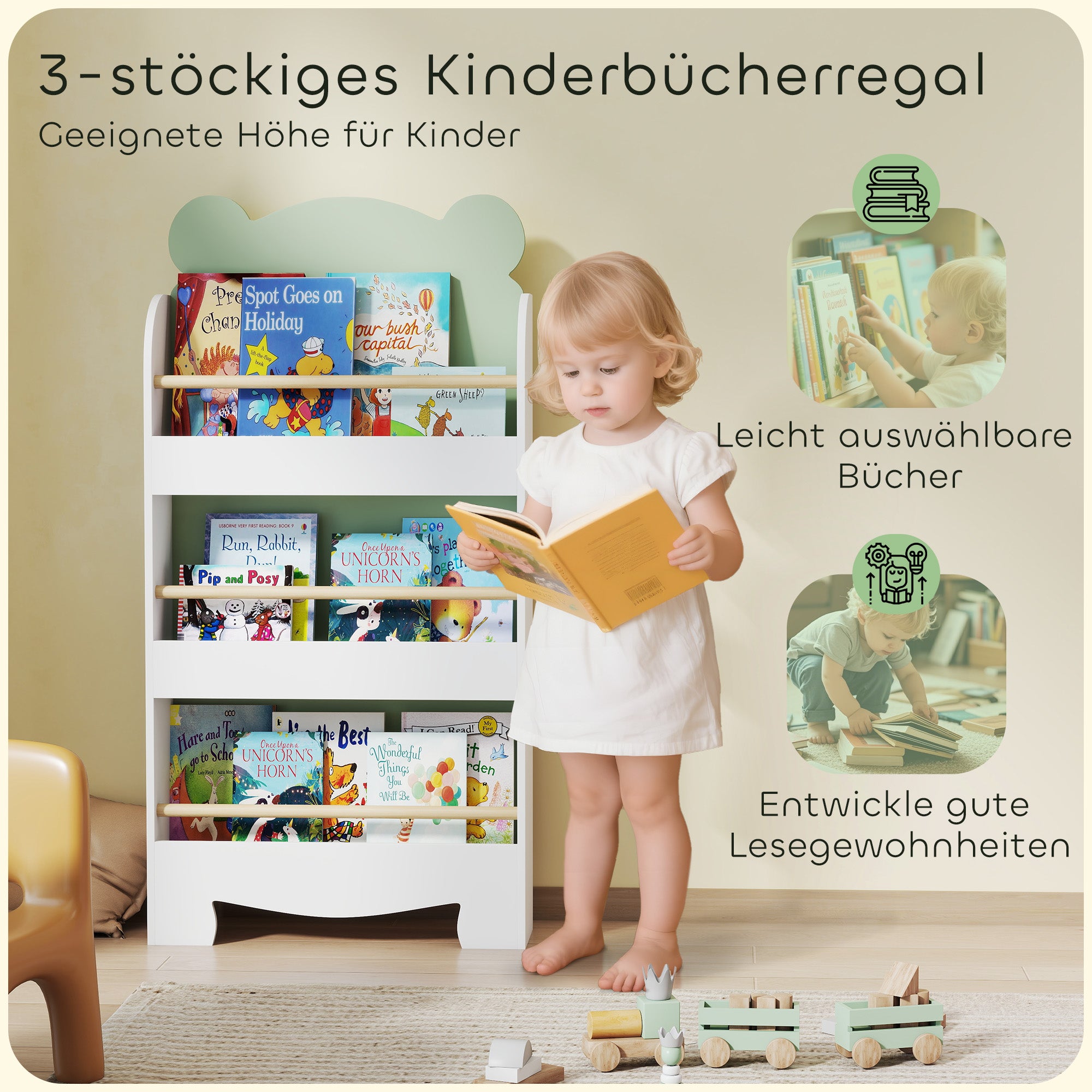 Children's Bookcase, 3-Tier Bear-Themed Toy & Book Shelf for Kids' Room, 21.7 x 5.9 x 43.3 in (55 x 15 x 110 cm), Green