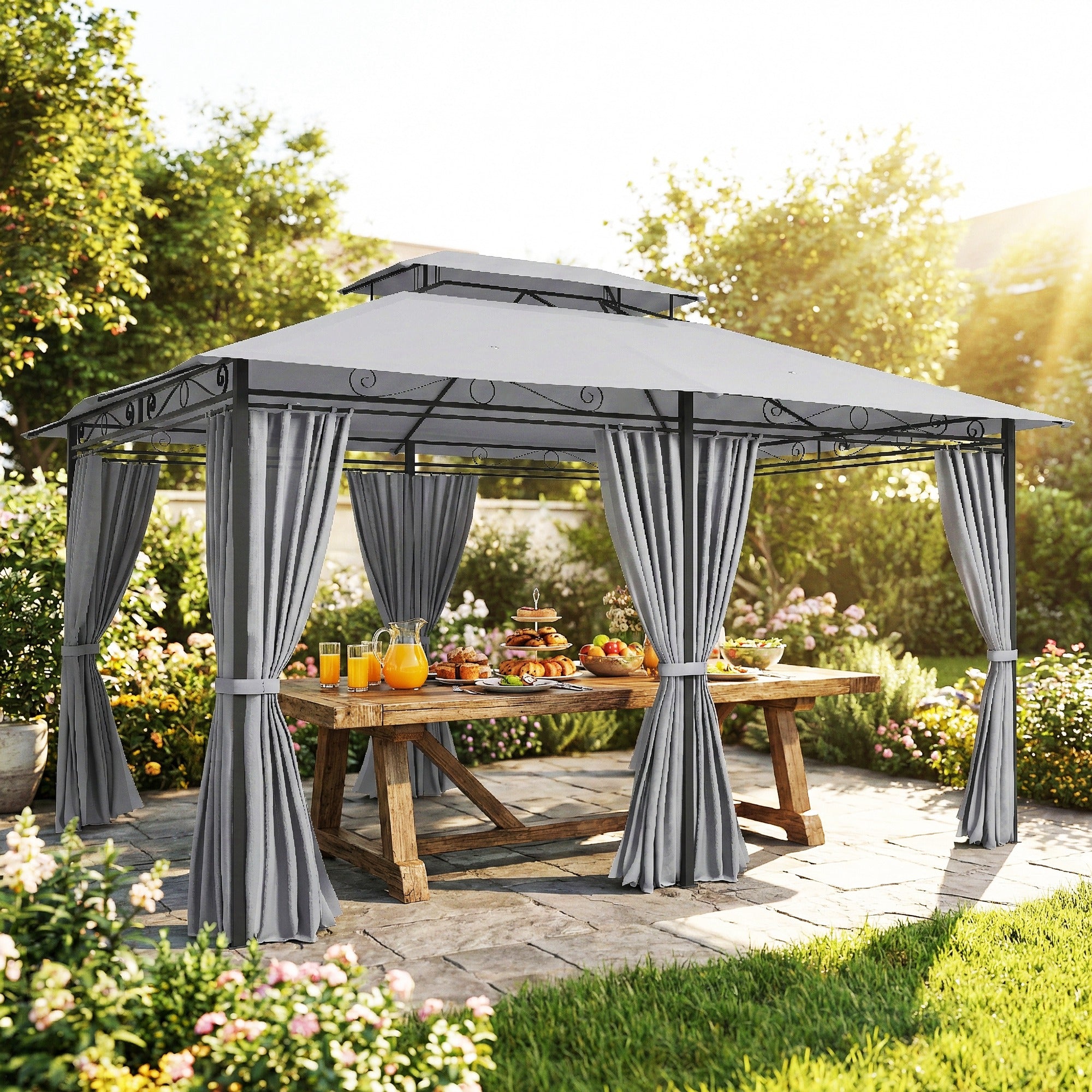 Gazebo 4 x 3 m (13 x 10 ft) — Water-Resistant, Sturdy Metal Pavilion with Double Roof and 6 Side Panels, Dark Gray