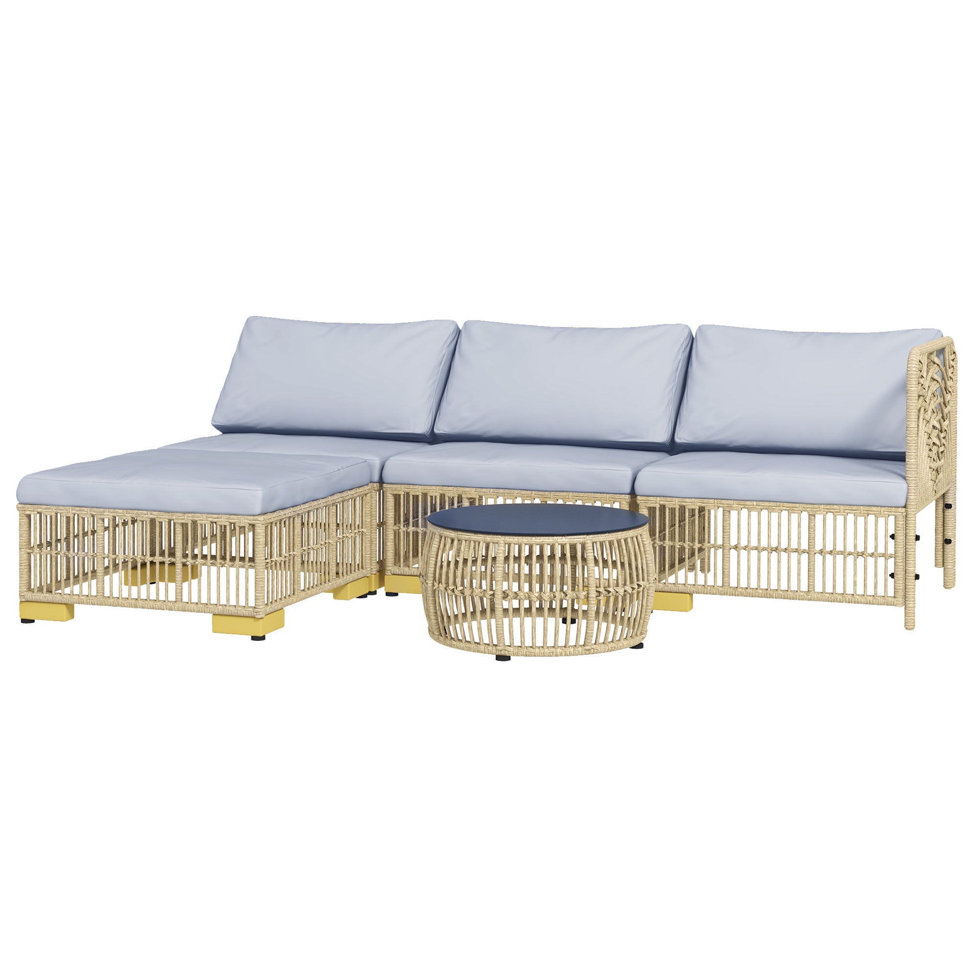 Rattan Garden Furniture Set, 5-piece Balcony Furniture Set Seating Set with Cushions, Garden Set with Corner Sofa, Footstool, Coffee Table, Patio Furniture Set, Steel, Light Gray