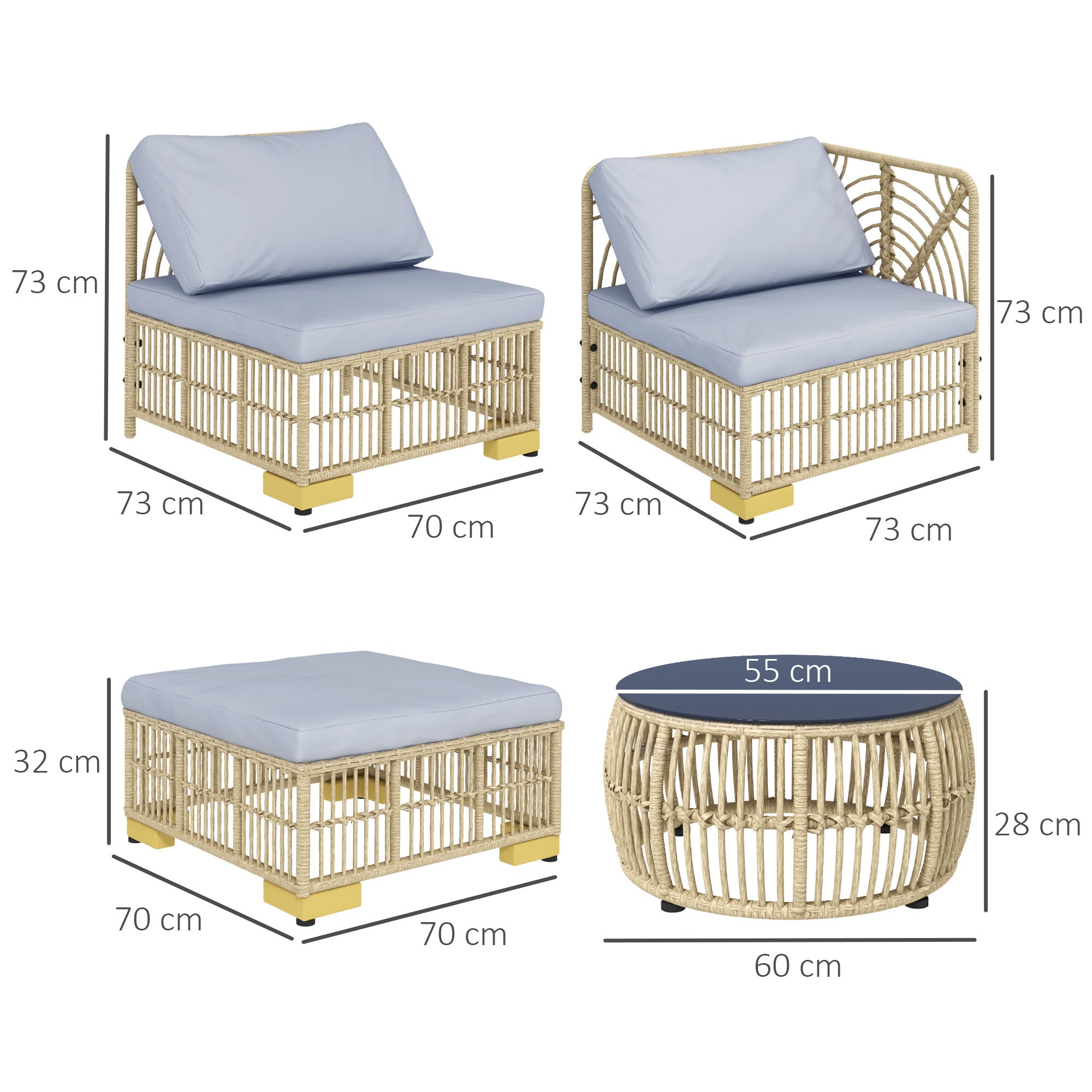 Rattan Garden Furniture Set, 5-piece Balcony Furniture Set Seating Set with Cushions, Garden Set with Corner Sofa, Footstool, Coffee Table, Patio Furniture Set, Steel, Light Gray