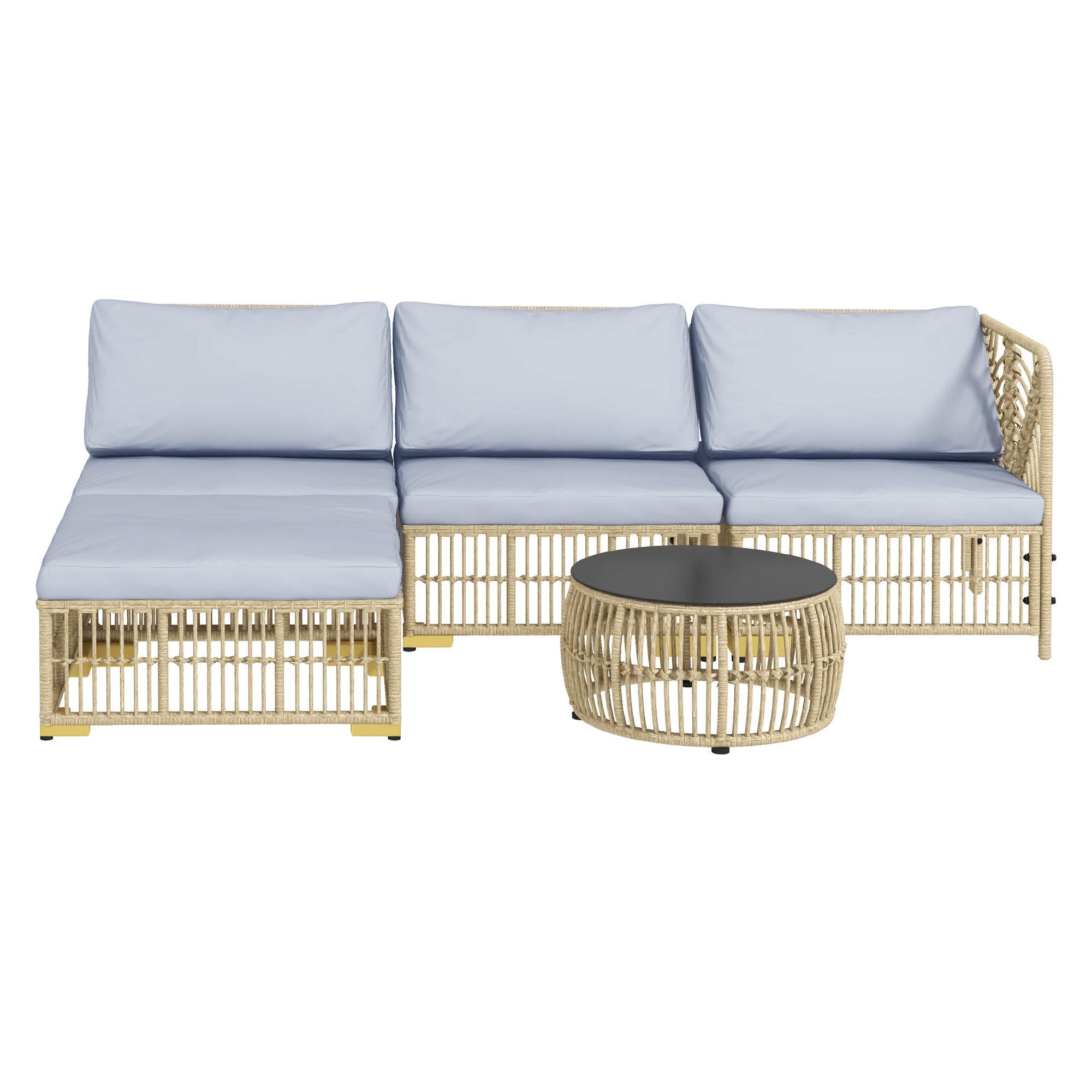 Rattan Garden Furniture Set, 5-piece Balcony Furniture Set Seating Set with Cushions, Garden Set with Corner Sofa, Footstool, Coffee Table, Patio Furniture Set, Steel, Light Gray