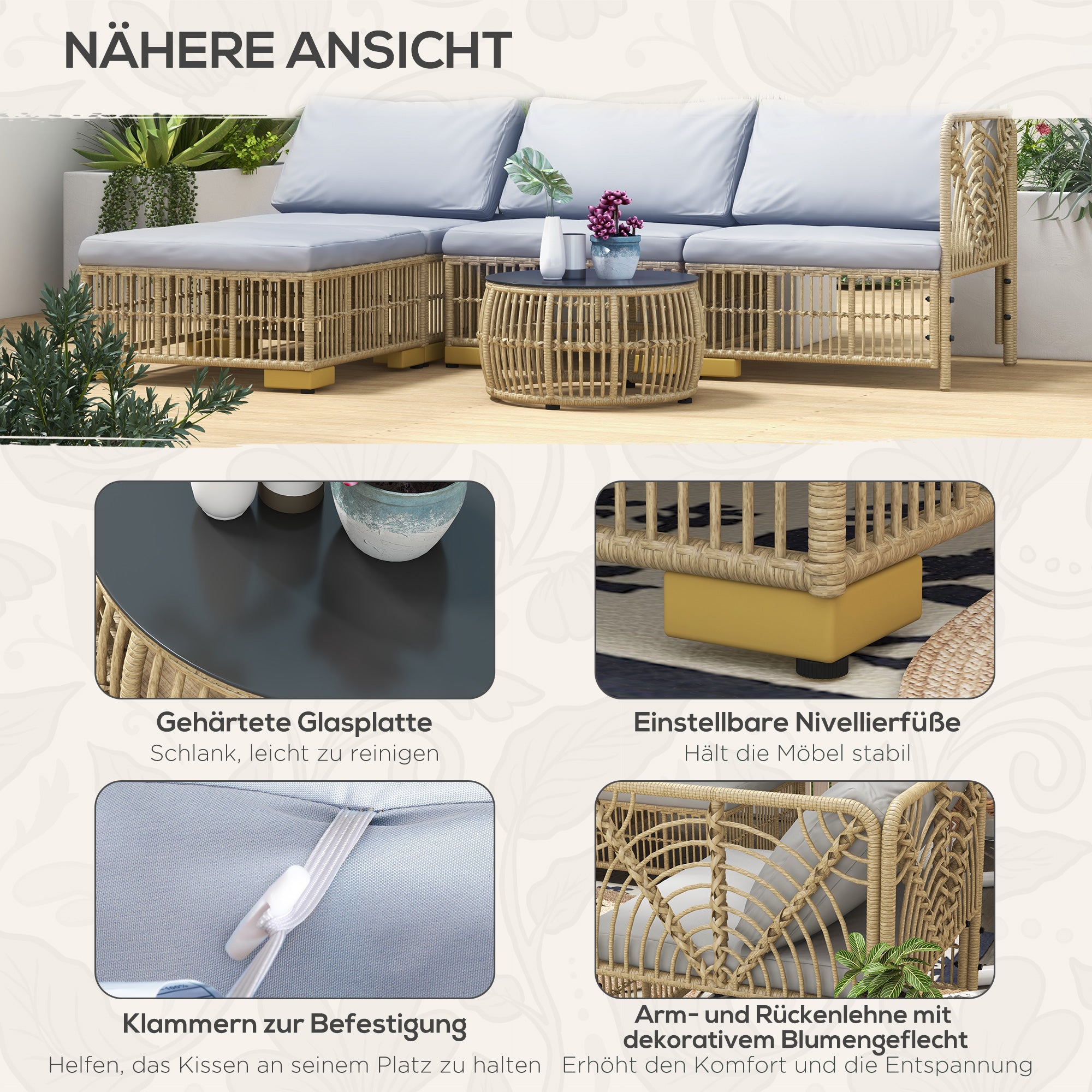 Rattan Garden Furniture Set, 5-piece Balcony Furniture Set Seating Set with Cushions, Garden Set with Corner Sofa, Footstool, Coffee Table, Patio Furniture Set, Steel, Light Gray
