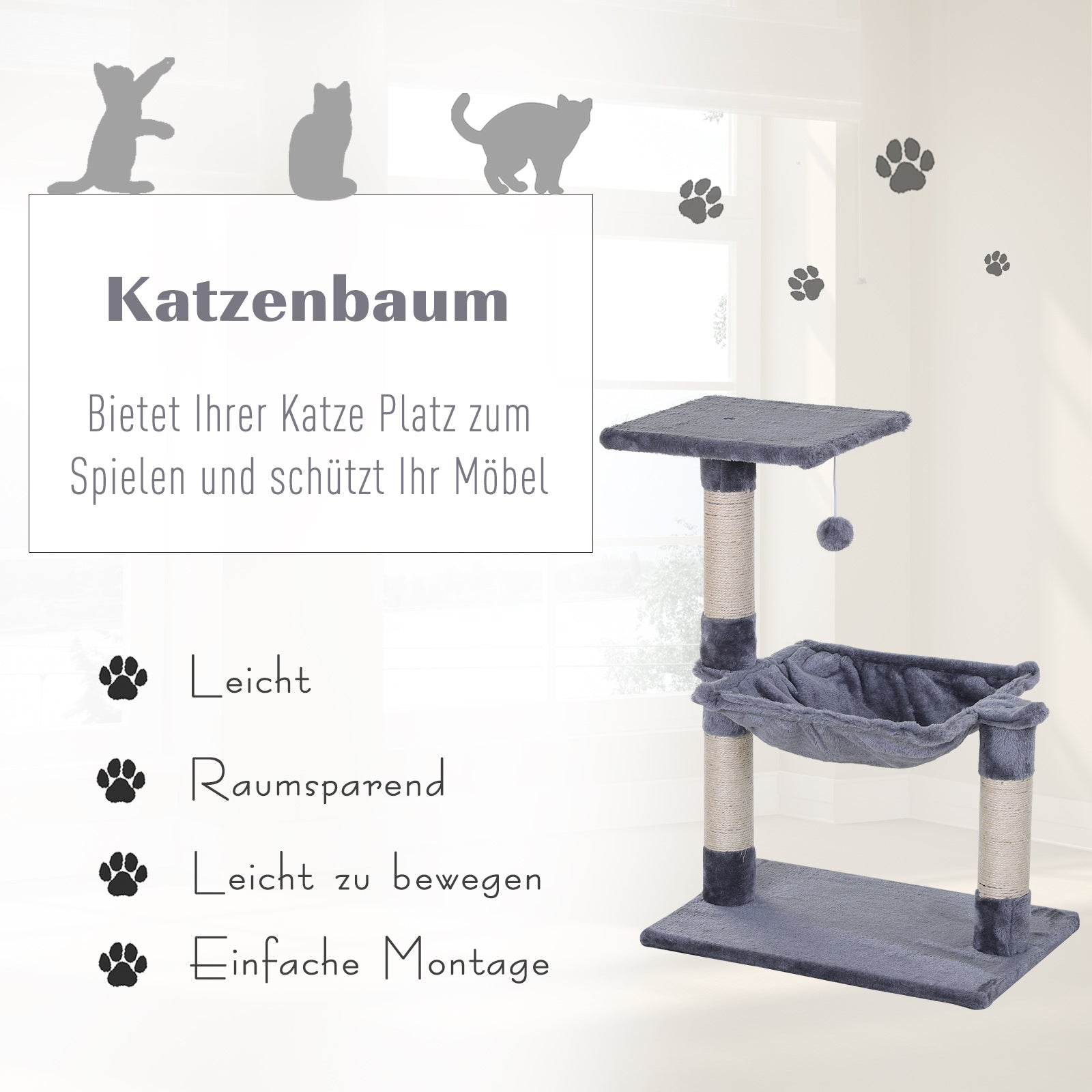 Climbing Tree Cat Scratching Post with Sisal Column Plush Hammock Chipboard Grey 50 x 36 x 70 cm