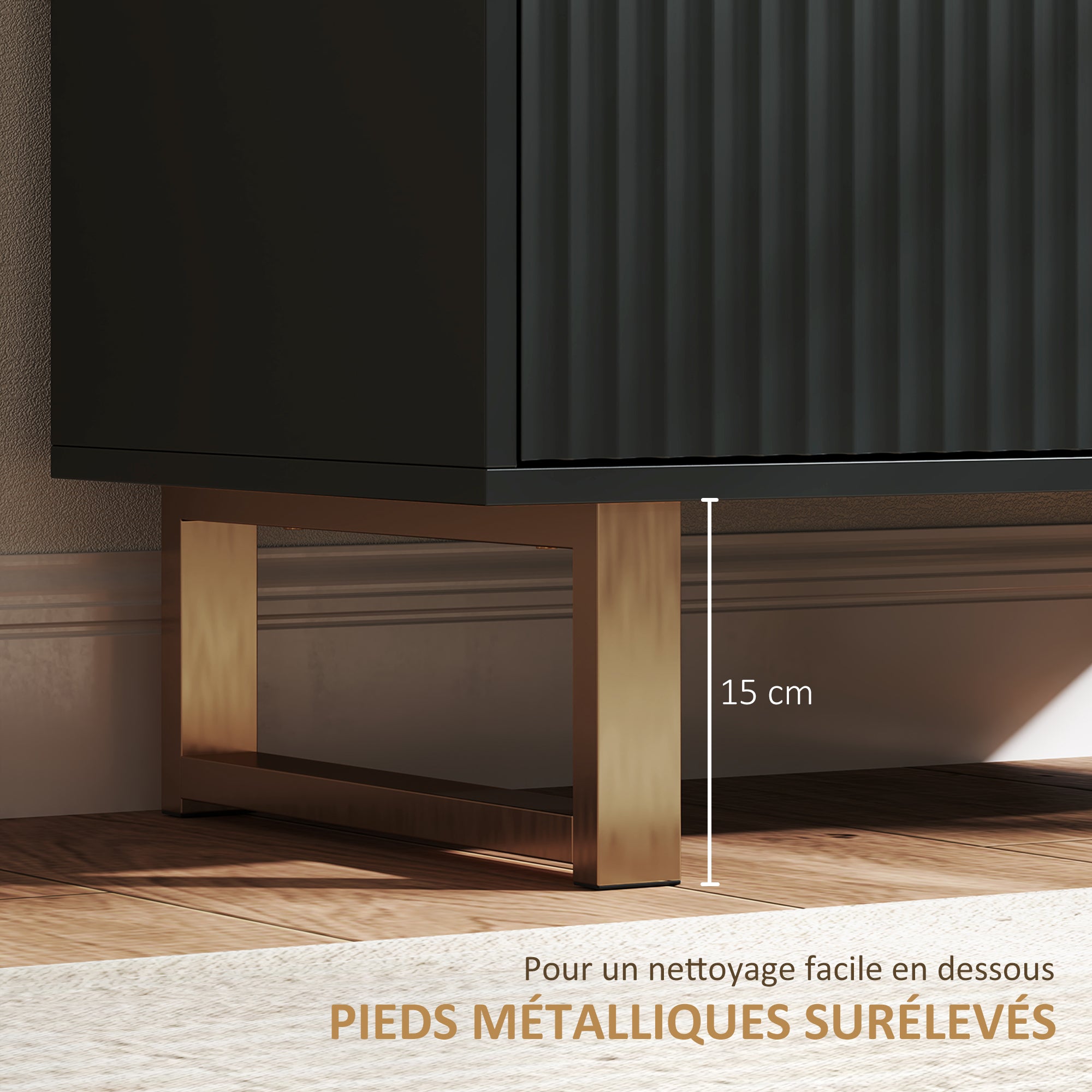 Modern Style Buffet Storage Cabinet with 2 Fluted Doors, Adjustable Shelf, Metal Legs - Dining Room, Kitchen, and Living Room Buffet, dim. 76.5 x 39 x 77 cm, black