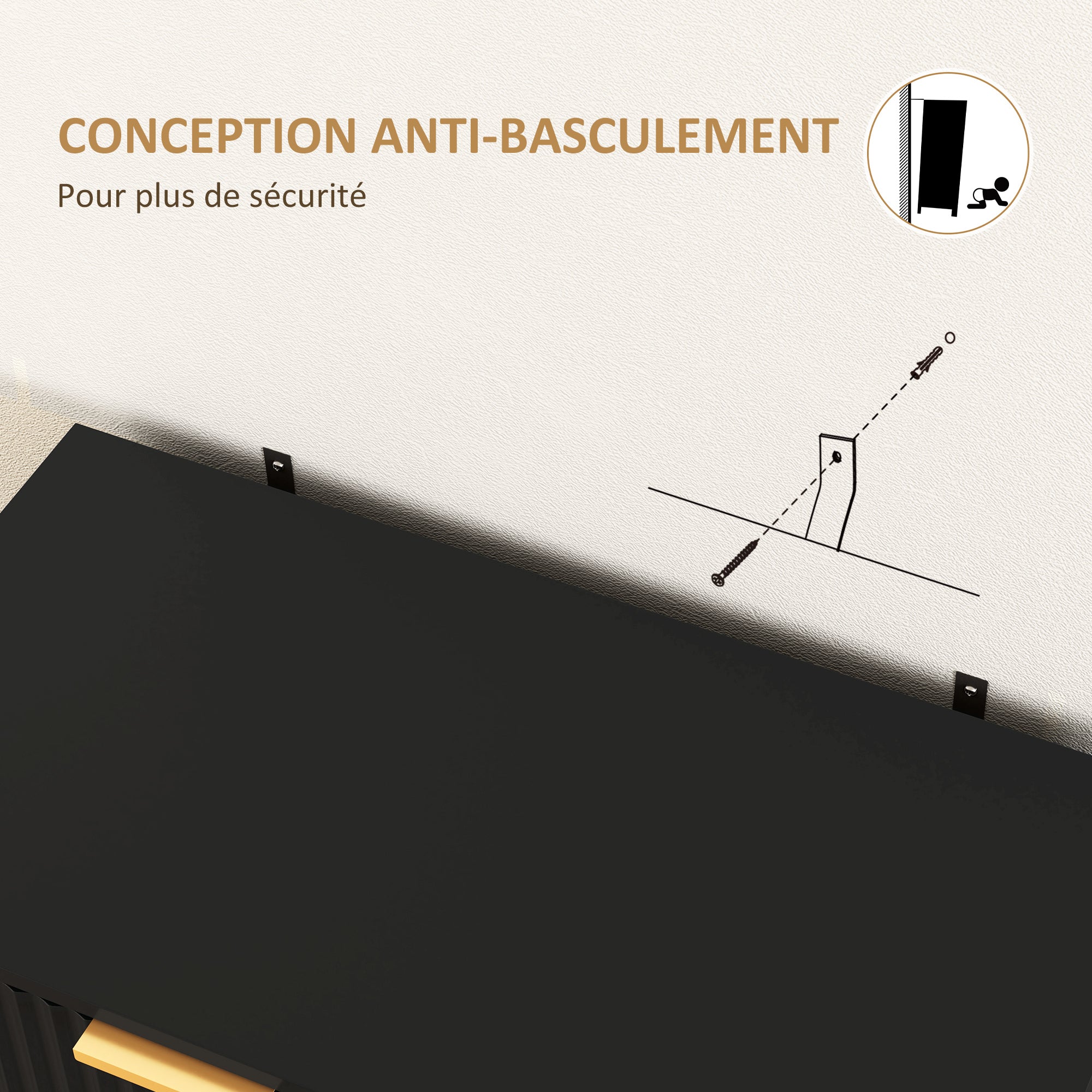 Modern Style Buffet Storage Cabinet with 2 Fluted Doors, Adjustable Shelf, Metal Legs - Dining Room, Kitchen, and Living Room Buffet, dim. 76.5 x 39 x 77 cm, black